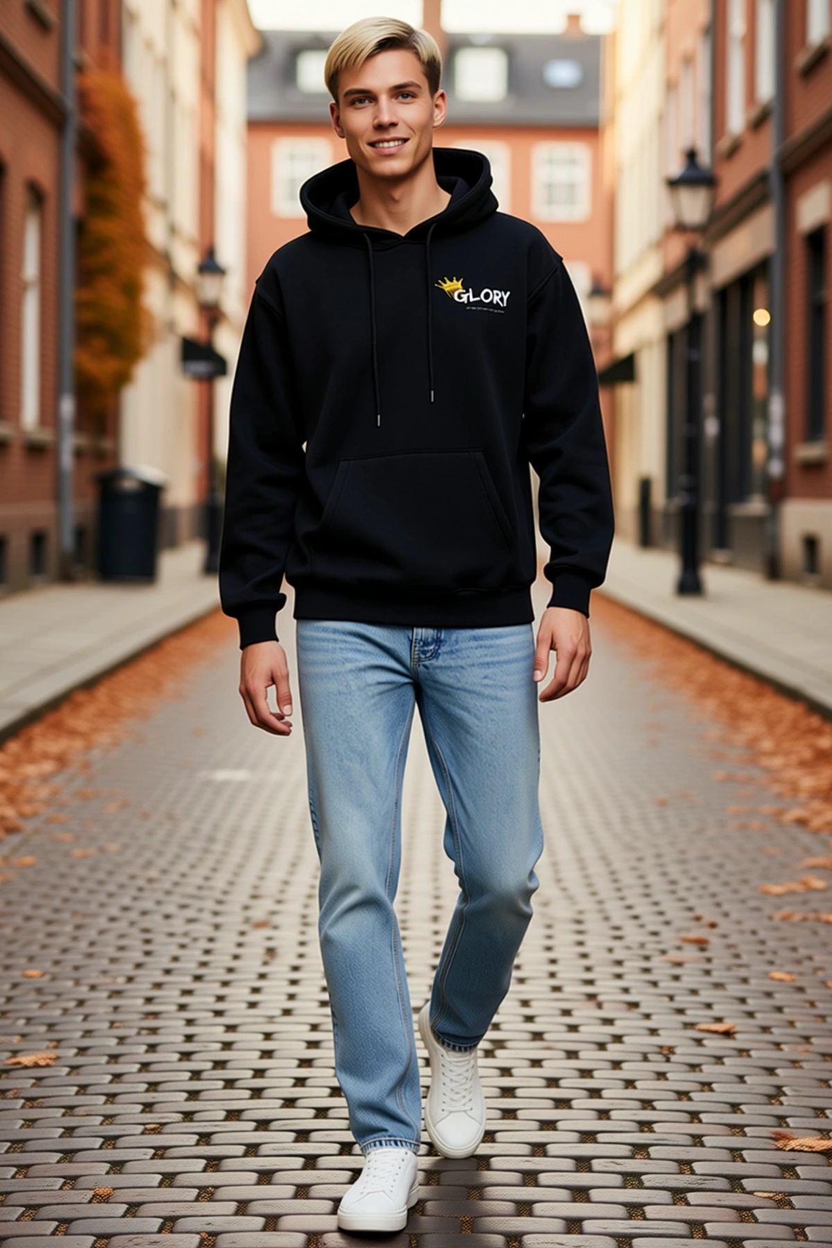 Erkek Kışlık Üç İplik Kapşonlu Sweatshirt Taç Motifli Slogan Yazı Baskılı Bağcıklı Cepli Salaş Kesim