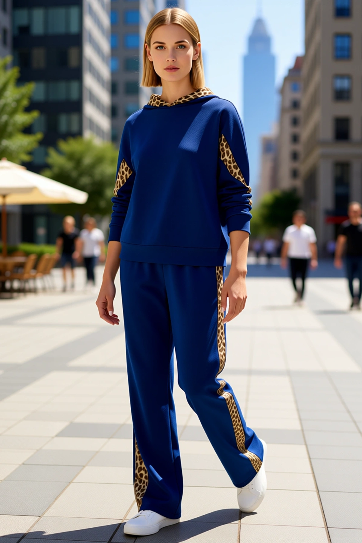 Eşofman Takımı Leopar Detaylı Uzun Kollu Viskon İki İplik Sweatshirt Bol Paça Pantolon Yan Şeritli