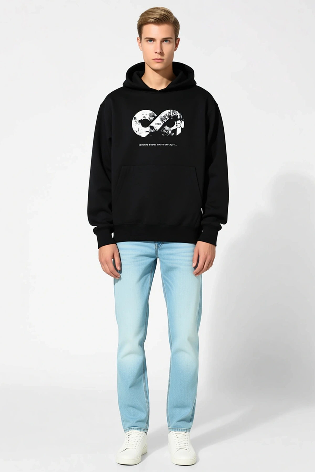 Erkek Kapüşonlu Üç İplik Sonsuzluk Çerçeveli Baskılı Kanguru Cepli Sweatshirt Rahat Bol Kesim Günlük