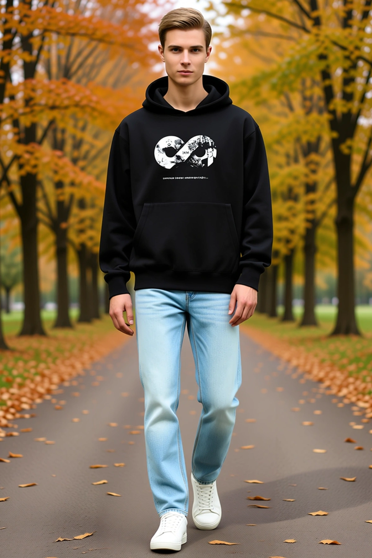 Erkek Kapüşonlu Üç İplik Sonsuzluk Çerçeveli Baskılı Kanguru Cepli Sweatshirt Rahat Bol Kesim Günlük