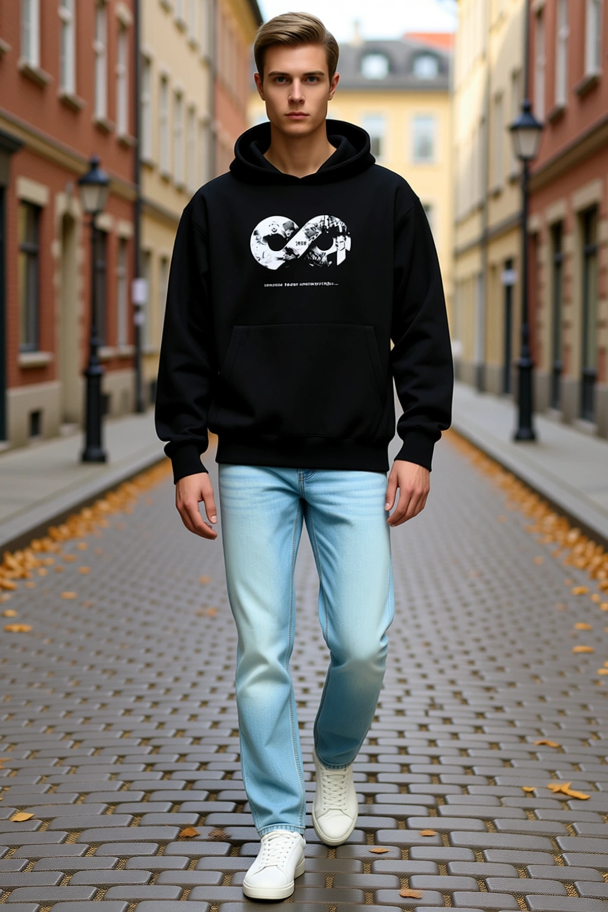 Erkek Kapüşonlu Üç İplik Sonsuzluk Çerçeveli Baskılı Kanguru Cepli Sweatshirt Rahat Bol Kesim Günlük