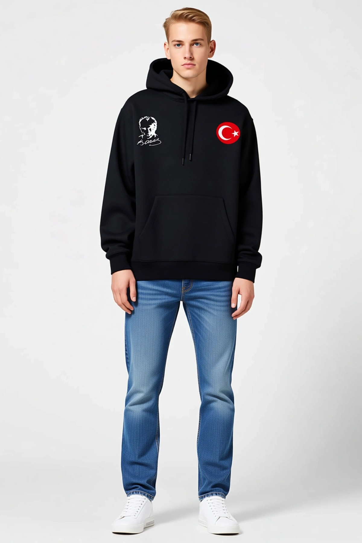Erkek Kapüşonlu Üç İplik Sweatshirt Atatürk Portreli Bayrak Baskılı Kanguru Cepli Rahat Kesim Modern