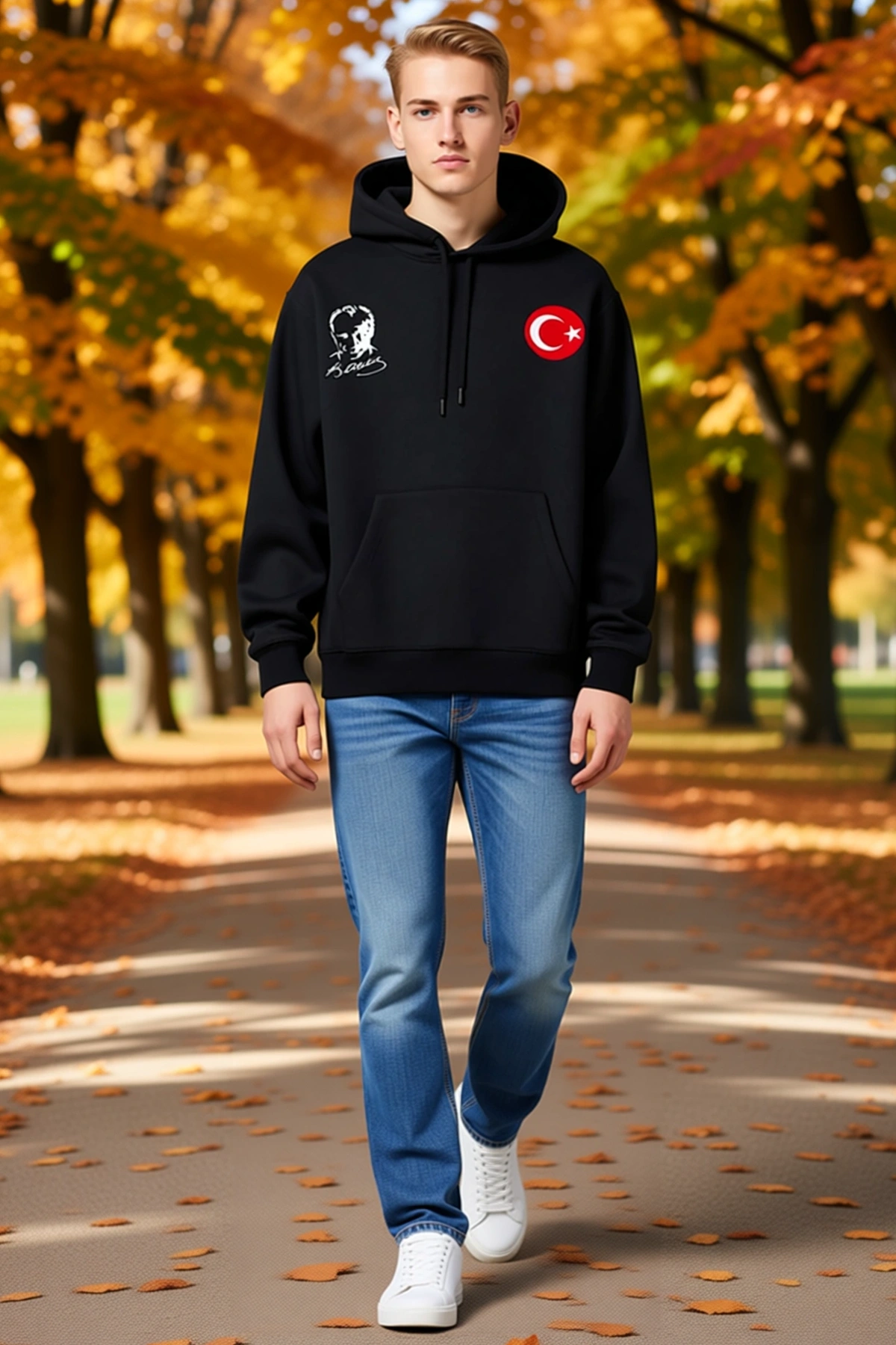 Erkek Kapüşonlu Üç İplik Sweatshirt Atatürk Portreli Bayrak Baskılı Kanguru Cepli Rahat Kesim Modern