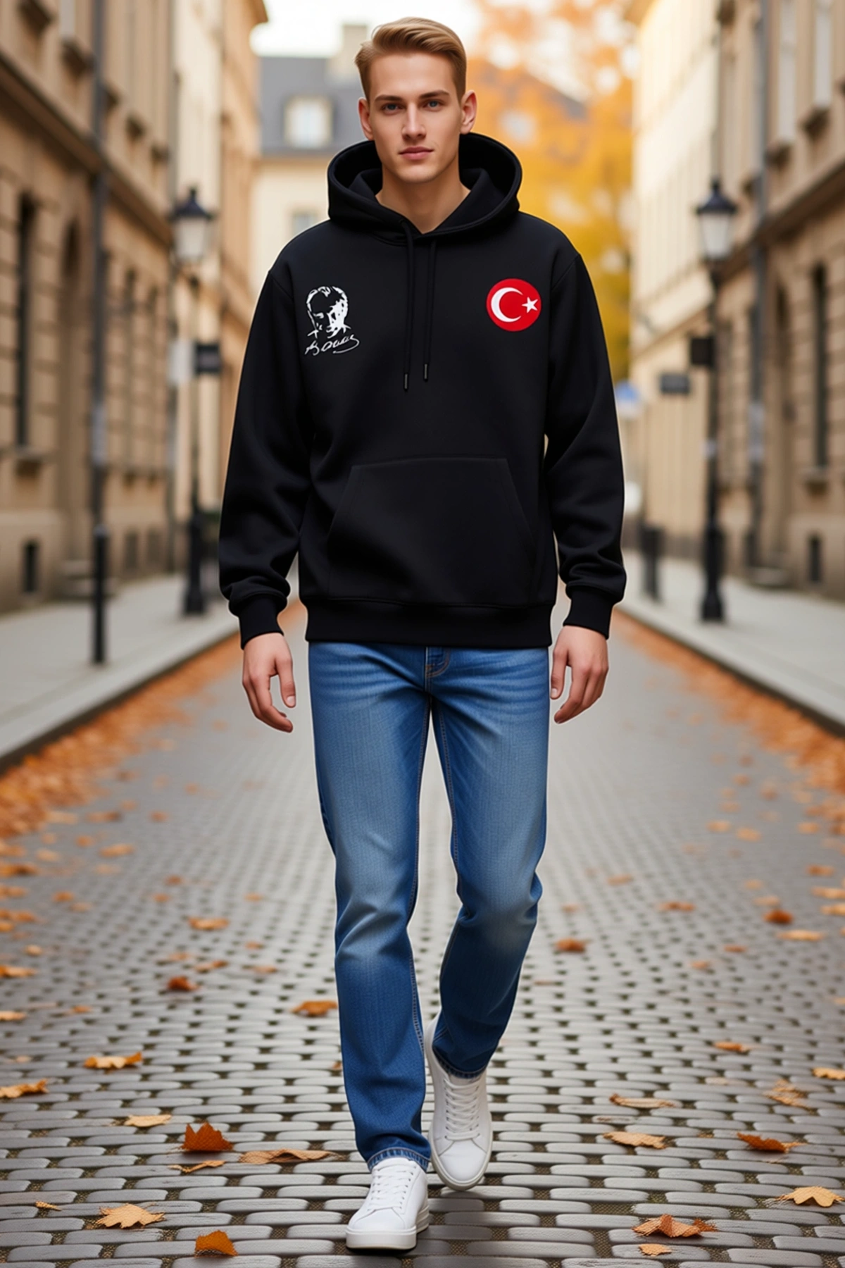 Erkek Kapüşonlu Üç İplik Sweatshirt Atatürk Portreli Bayrak Baskılı Kanguru Cepli Rahat Kesim Modern