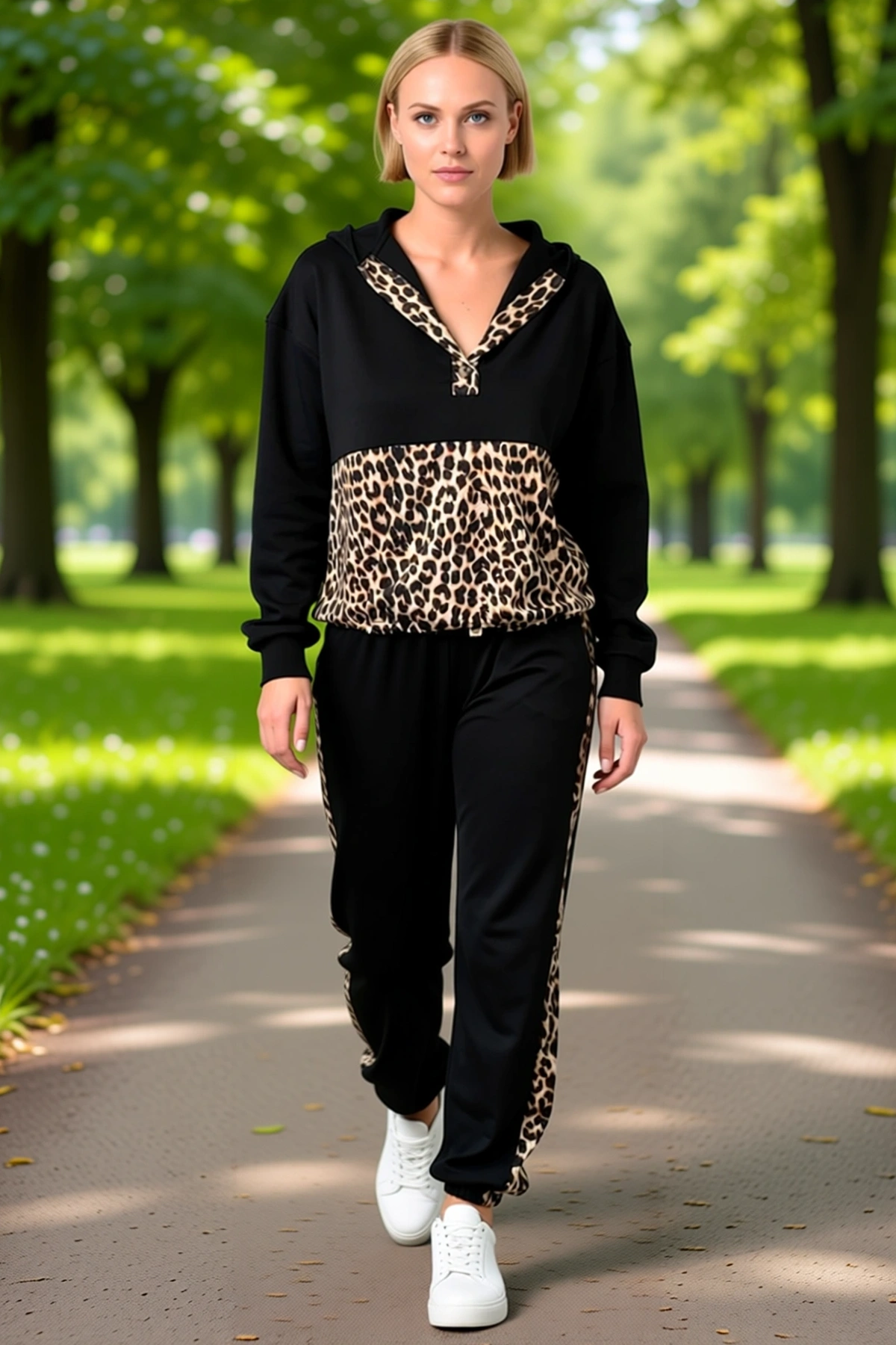 Kadın Leopar Detaylı Kapüşonlu Sweatshirt Paçası Lastikli Yan Şeritli Pantolon İkili Takım