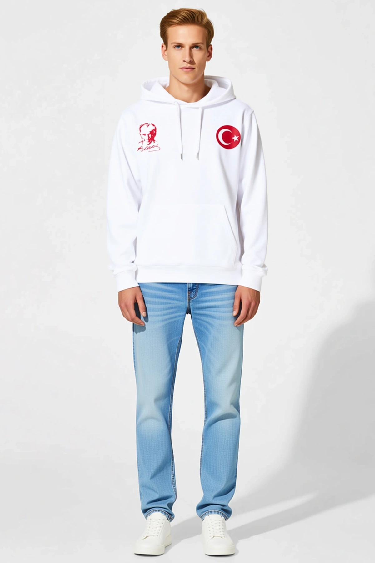 Erkek Kapüşonlu Üç İplik Atatürk Portreli Ay Yıldız Baskılı Kanguru Cepli Sweatshirt Rahat Günlük