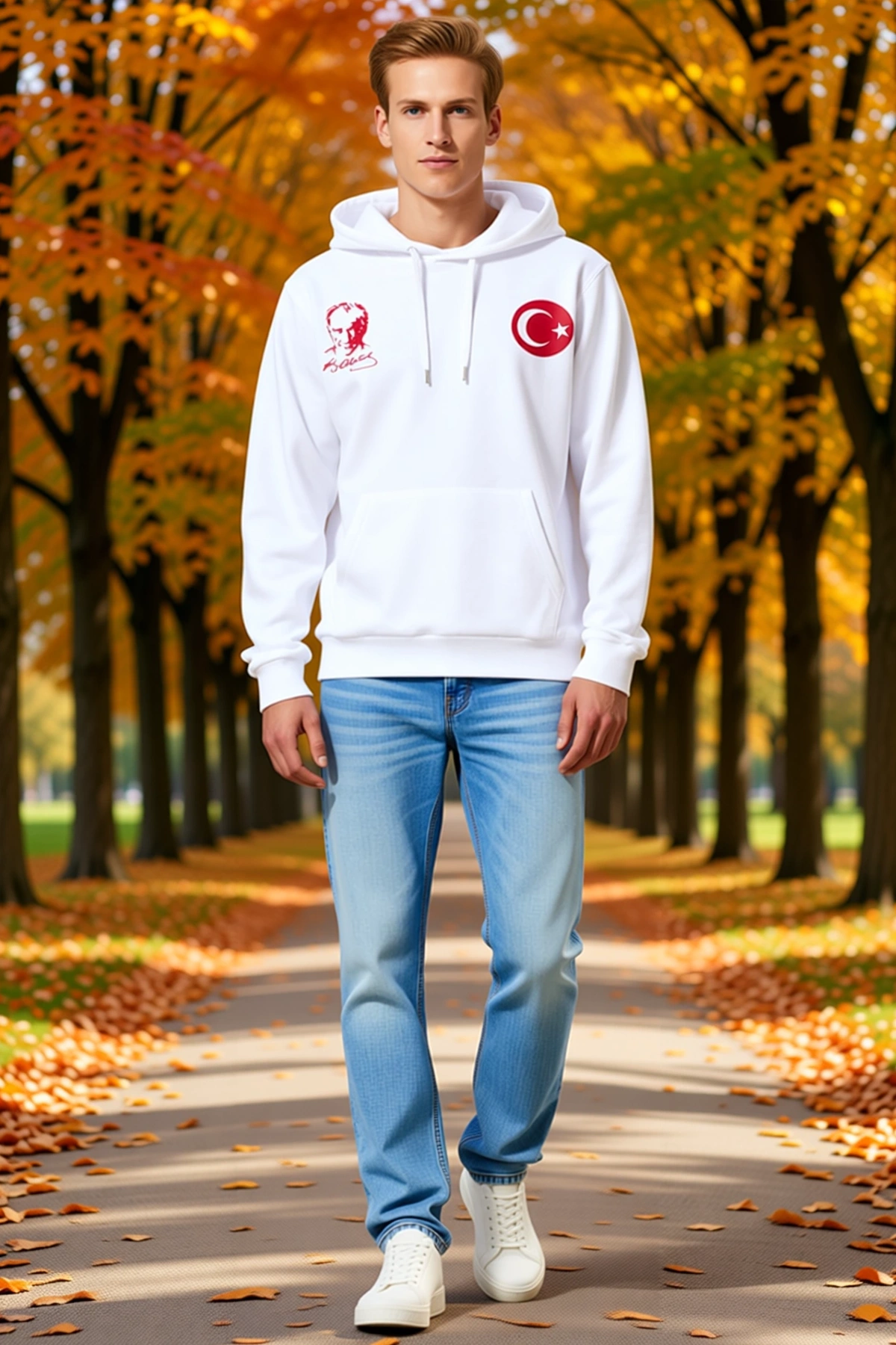 Erkek Kapüşonlu Üç İplik Atatürk Portreli Ay Yıldız Baskılı Kanguru Cepli Sweatshirt Rahat Günlük