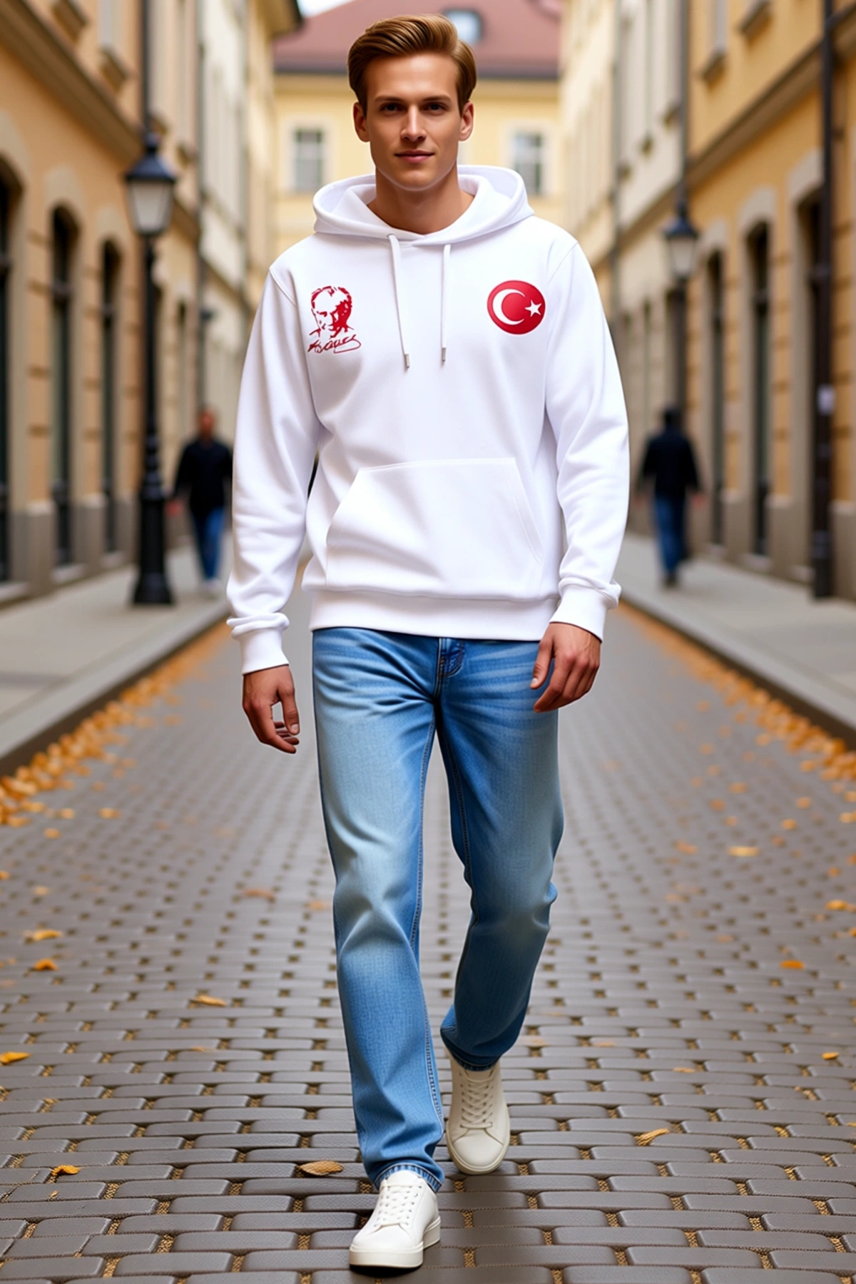 Erkek Kapüşonlu Üç İplik Atatürk Portreli Ay Yıldız Baskılı Kanguru Cepli Sweatshirt Rahat Günlük