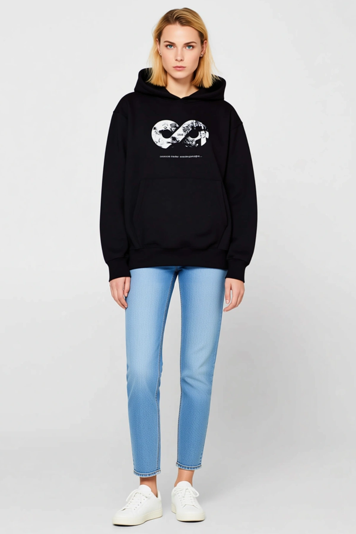 Kadın Kapüşonlu Üç İplik Sonsuzluk Çerçeveli Baskılı Kanguru Cepli Sweatshirt Bol Rahat Günlük Kesim