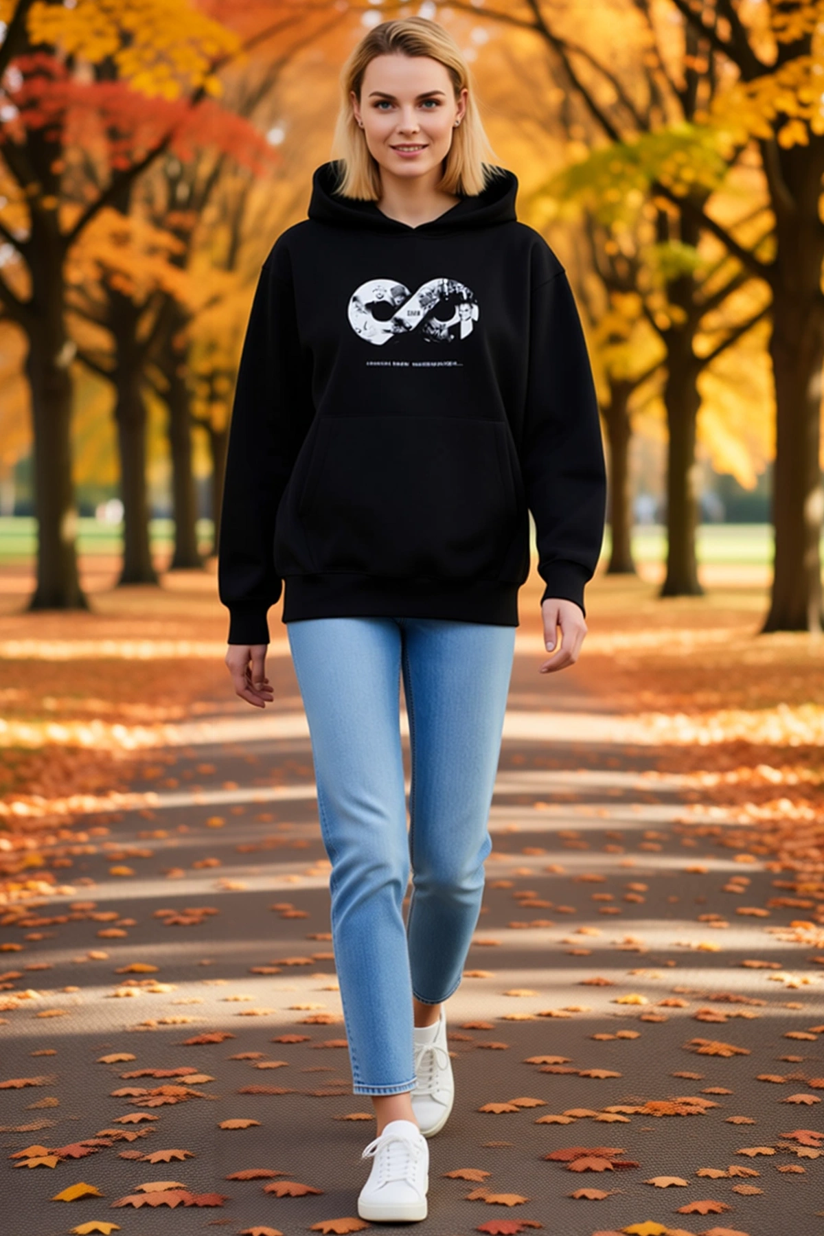 Kadın Kapüşonlu Üç İplik Sonsuzluk Çerçeveli Baskılı Kanguru Cepli Sweatshirt Bol Rahat Günlük Kesim