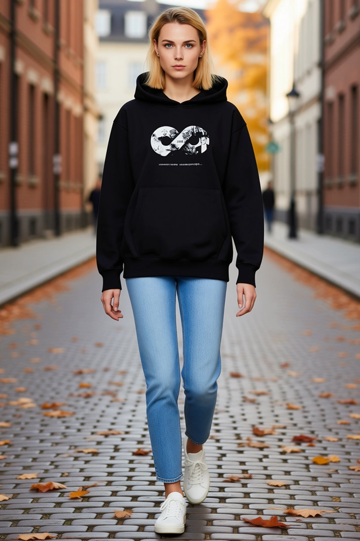 Kadın Kapüşonlu Üç İplik Sonsuzluk Çerçeveli Baskılı Kanguru Cepli Sweatshirt Bol Rahat Günlük Kesim