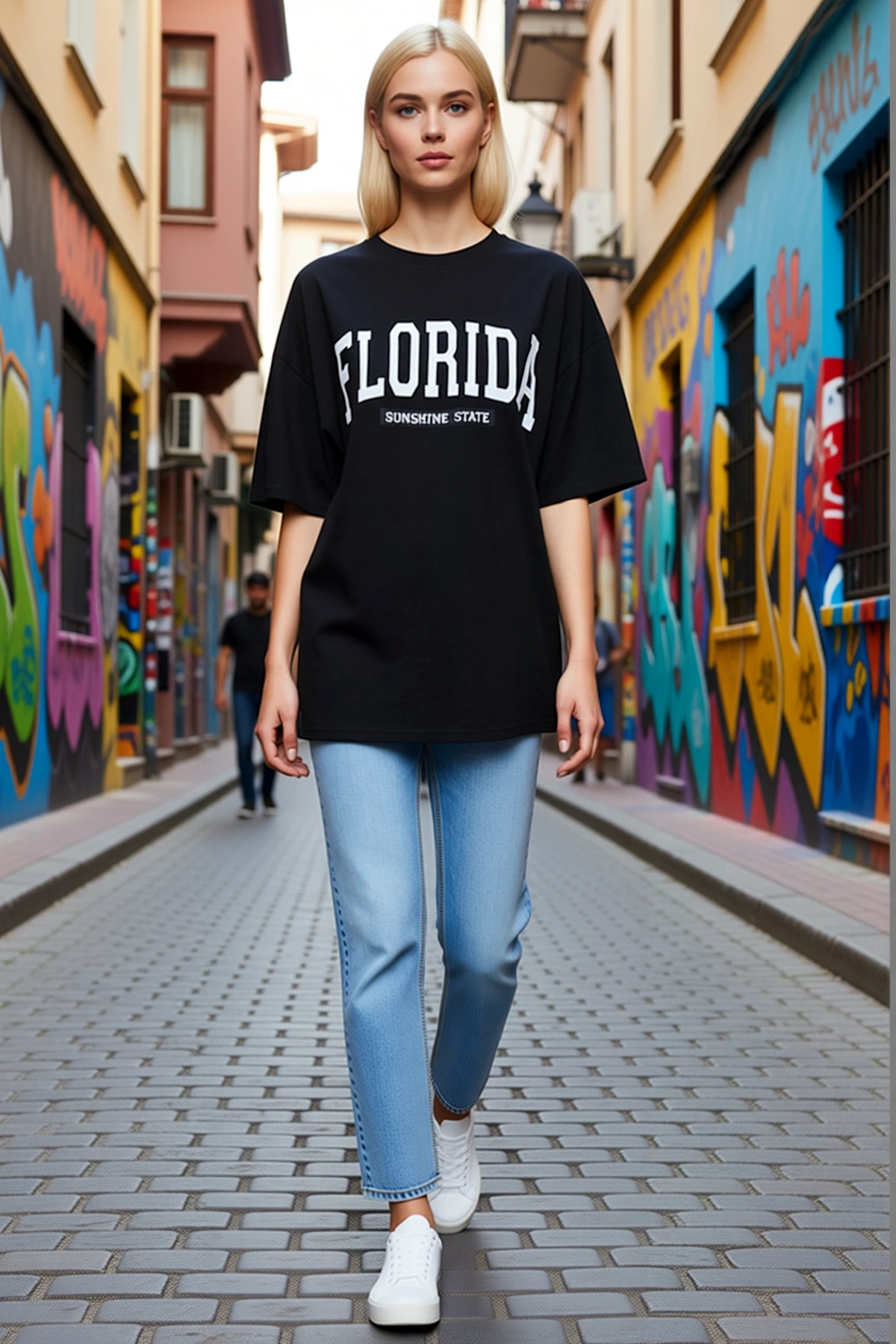 Kadın Bisiklet Yaka Florida Yazılı Büyük Baskılı Oversize Kısa Kollu Tişört Rahat Günlük Sokak Stili