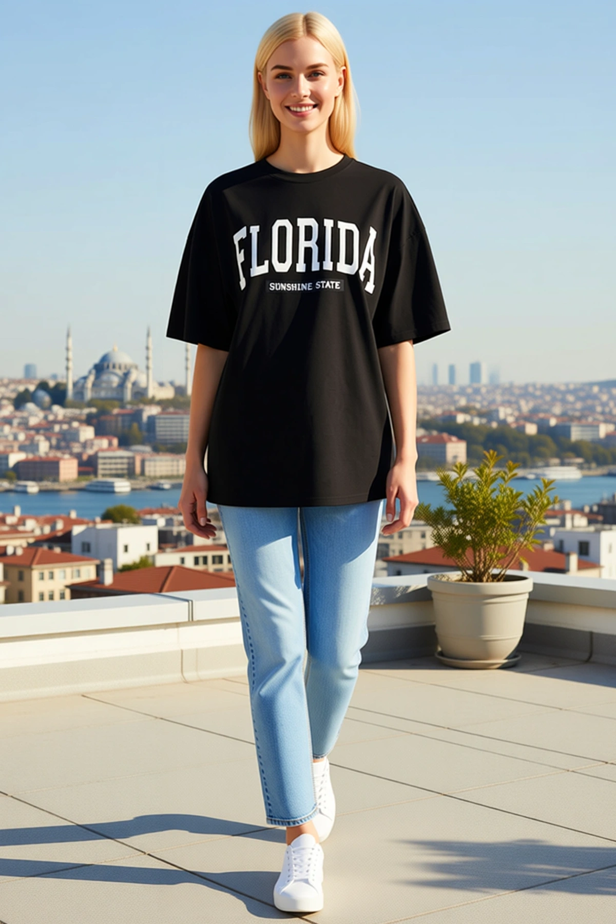 Kadın Bisiklet Yaka Florida Yazılı Büyük Baskılı Oversize Kısa Kollu Tişört Rahat Günlük Sokak Stili