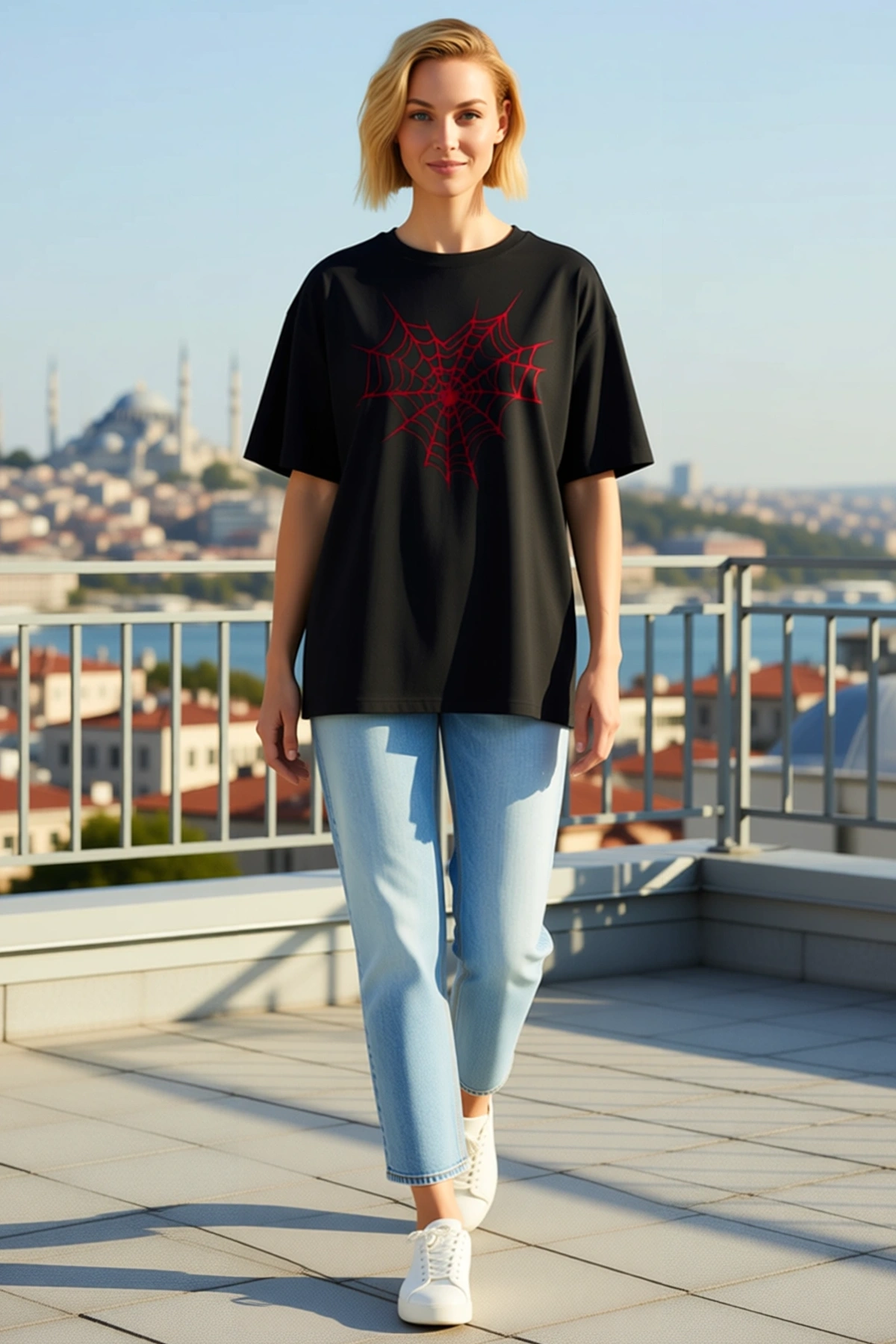Kadın Bisiklet Yaka Kısa Kollu Örümcek Ağı Kalp Baskılı Oversize Günlük Rahat Geniş Kesim Tişört