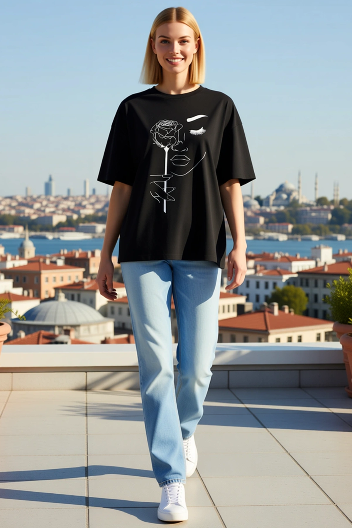 Kadın Bisiklet Yaka Düşük Omuzlu Yarım Kollu Gül Tutan Yüz Çizimi Baskılı Oversize Kesim Tişört