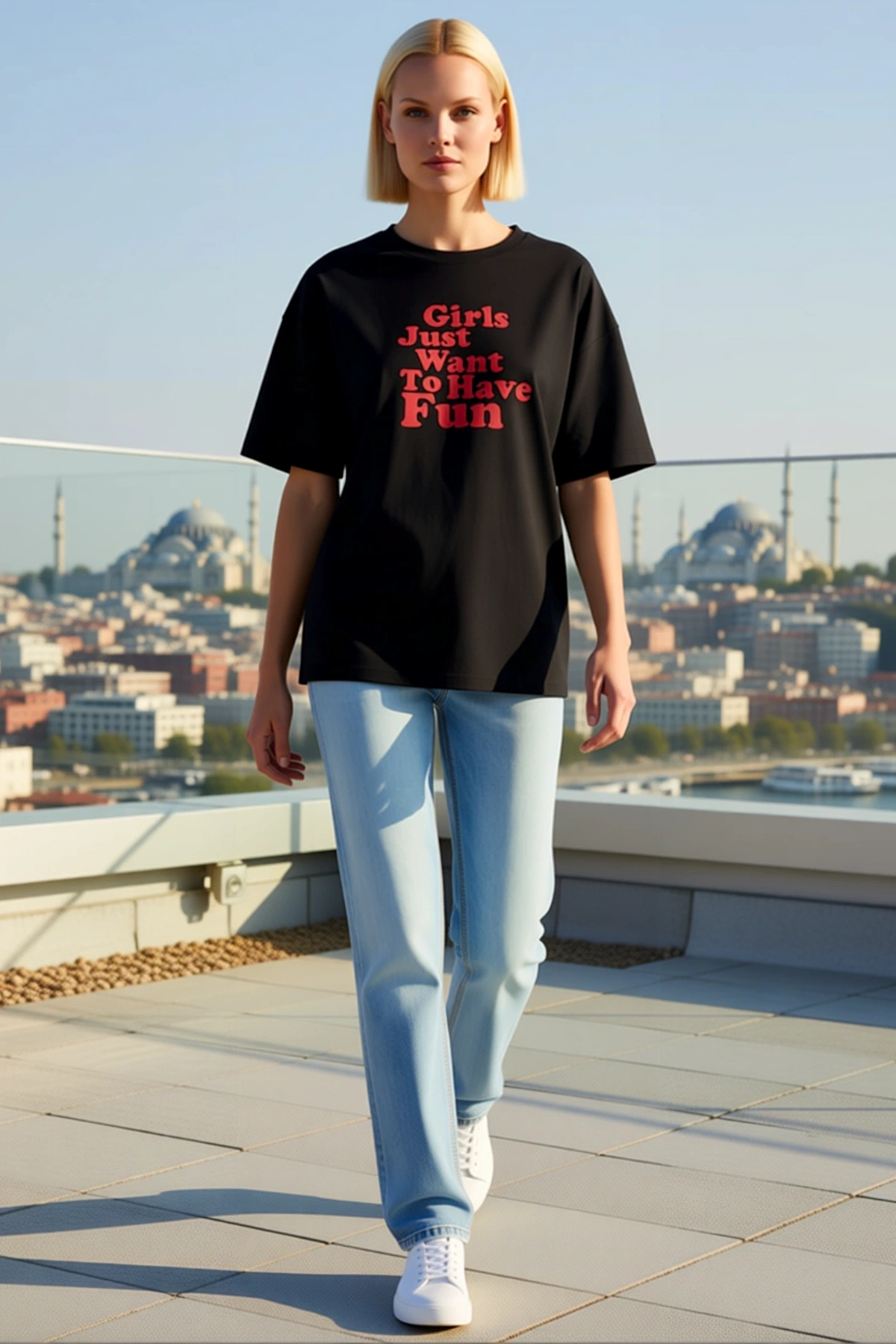 Kadın Oversize Bisiklet Yaka Kısa Kollu Düşük Omuzlu Slogan Baskılı Günlük Rahat Kalıp Modern Tişört