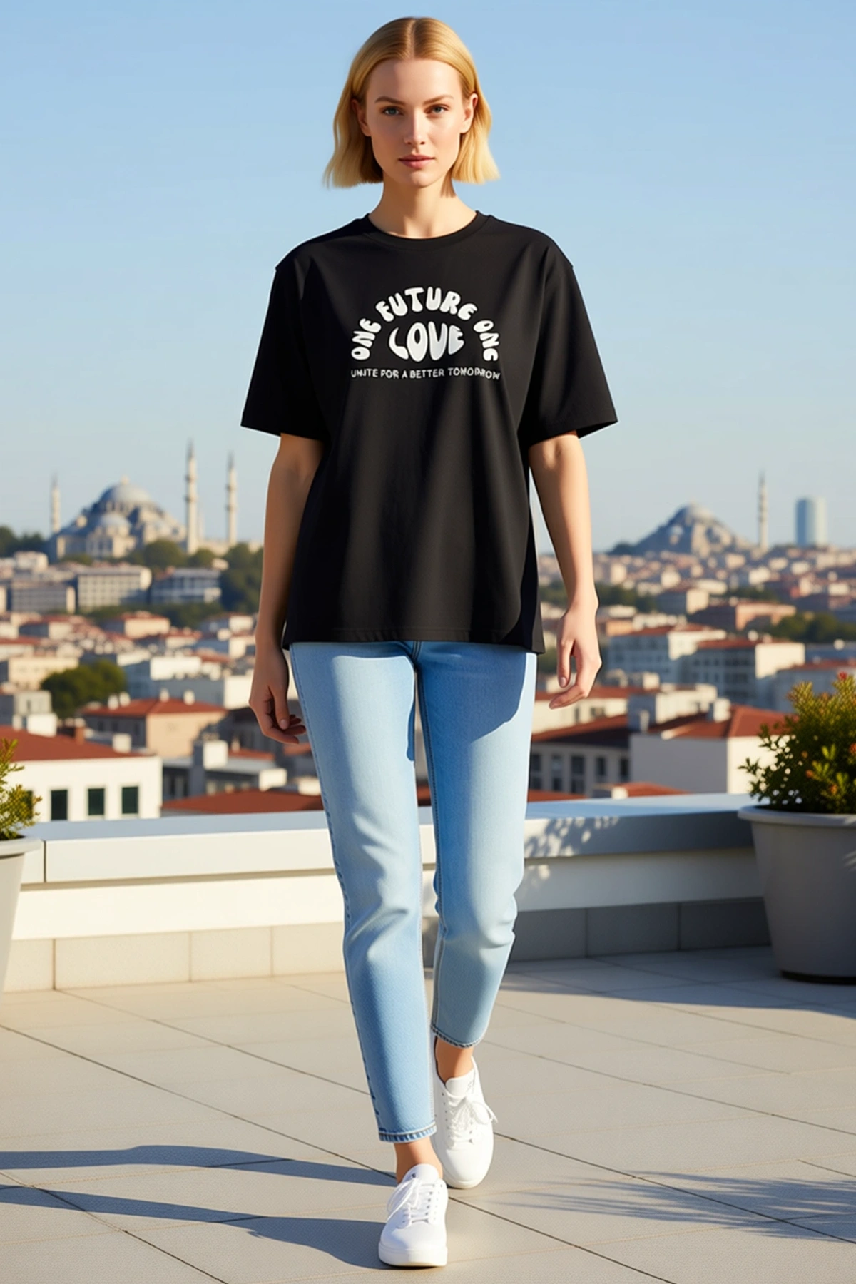 Kadın Oversize Bisiklet Yaka Kısa Kollu Düşük Omuz Yuvarlak Yazı Baskılı Günlük Kullanım Tişört
