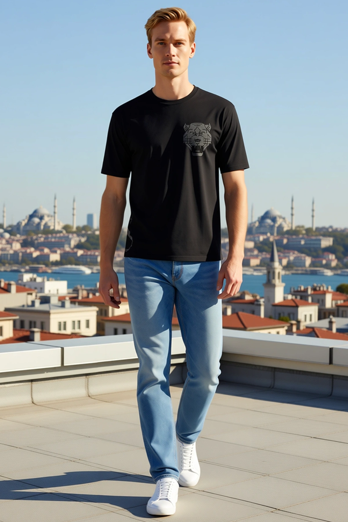 Erkek Oversize Bisiklet Yaka Kısa Kollu Düşük Omuz Geometrik Kaplan Başı Baskılı Rahat Kalıp Tişört