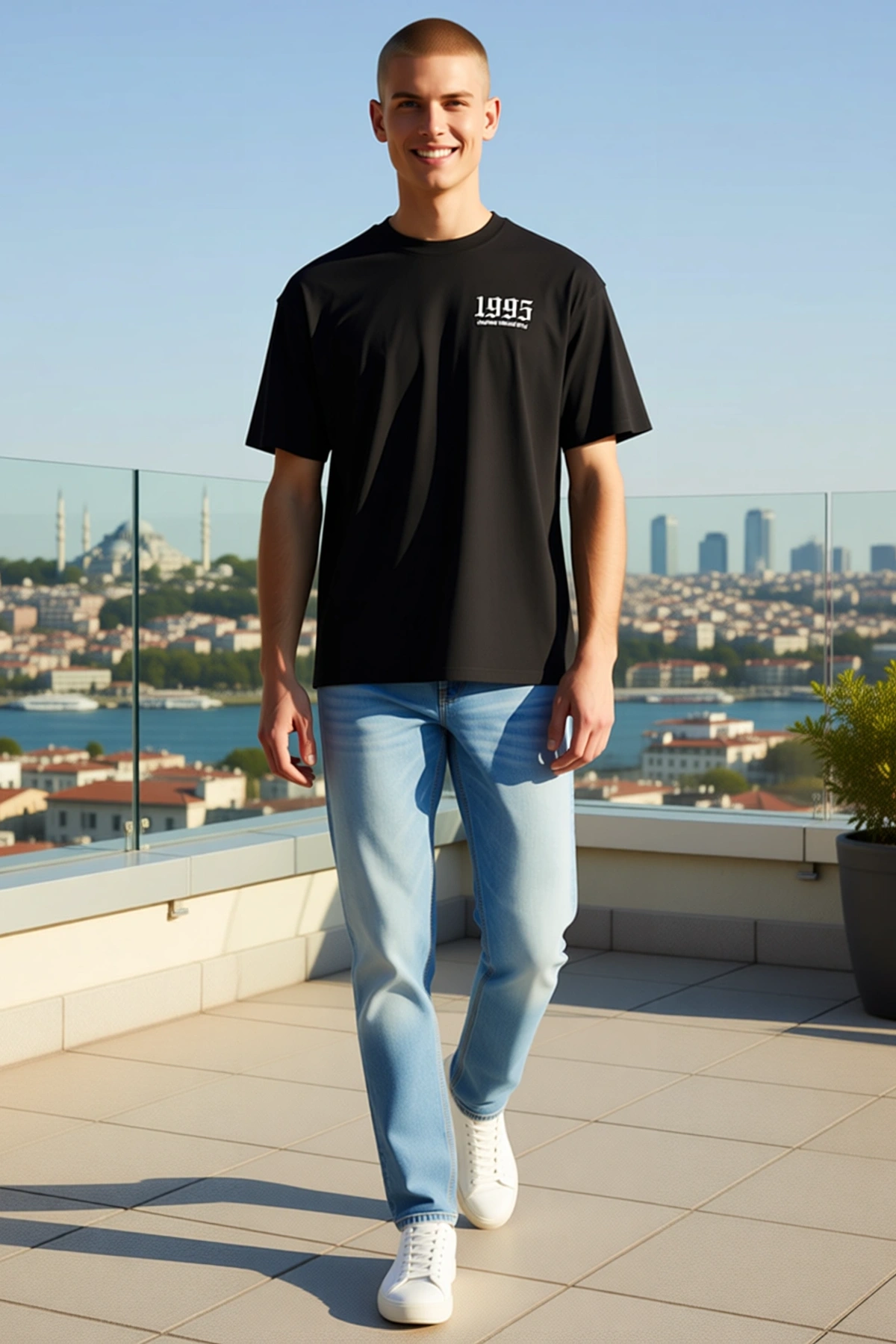 Erkek Oversize Bisiklet Yaka Kısa Kollu Sol Göğüs Baskılı Rahat Kalıp Günlük Sokak Giyim Tişört