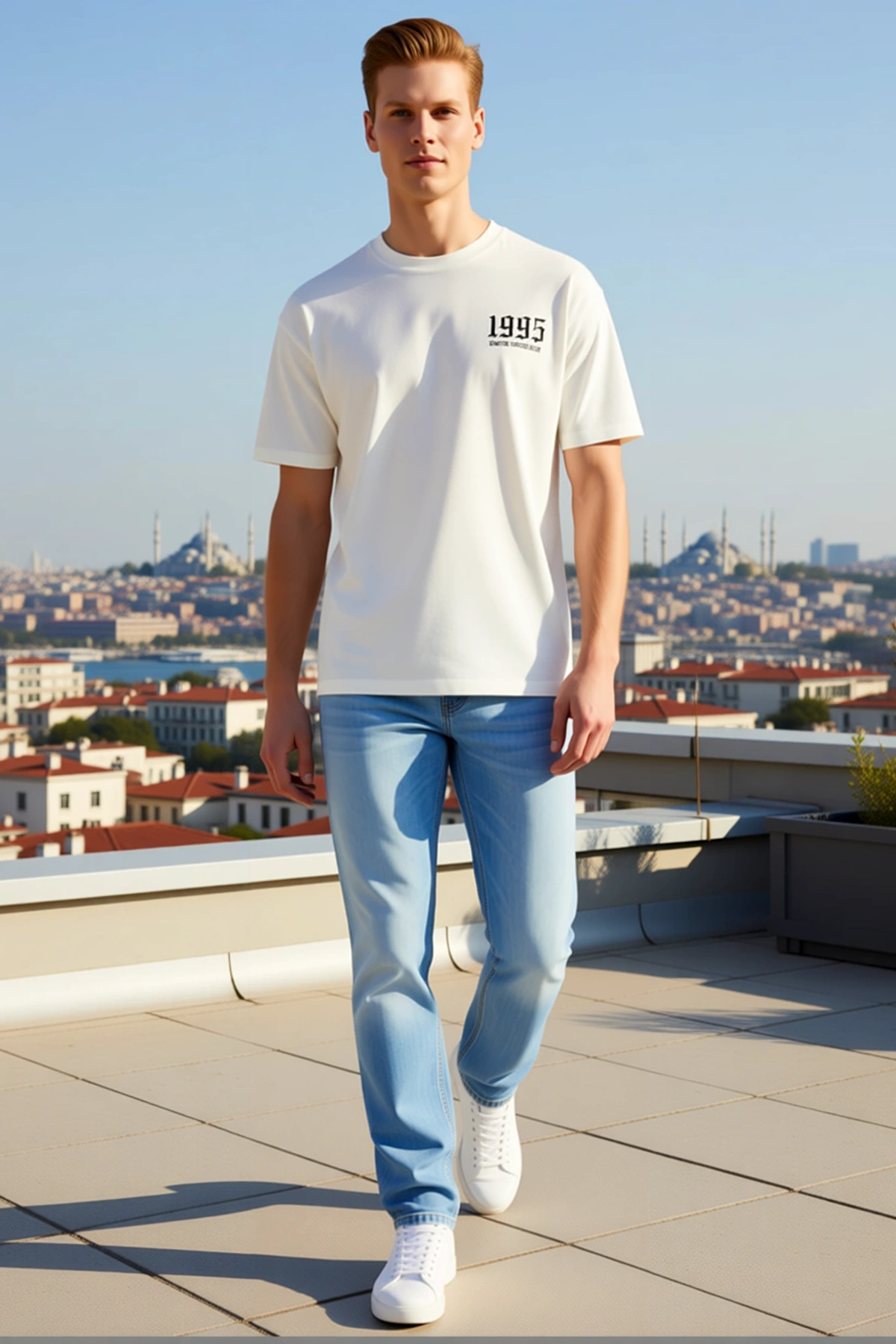 Erkek Oversize Bisiklet Yaka Kısa Kollu Göğüs Yazı Baskılı Rahat Kesim Günlük Kullanım Modern Tişört