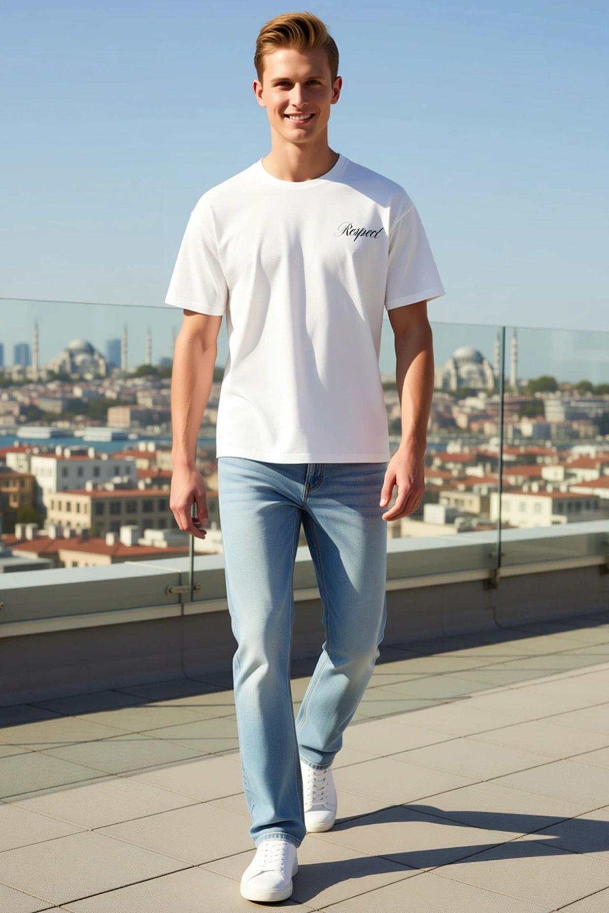 Erkek Oversize Bisiklet Yaka Kısa Kollu Sol Göğüs El Yazısı Baskılı Rahat Kesim Günlük Modern Tişört
