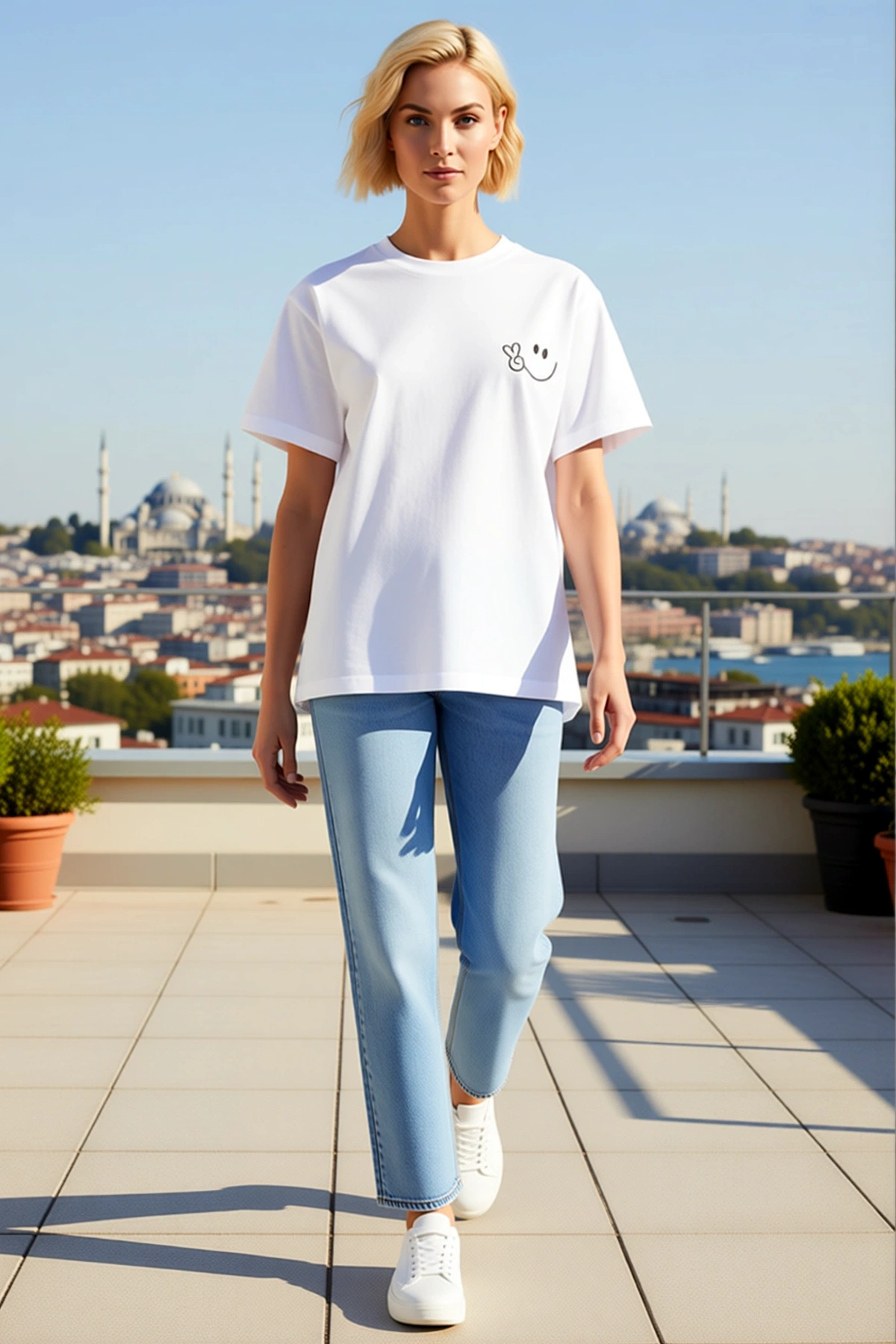 Kadın Oversize Bisiklet Yaka Kısa Kollu Sol Göğüs Gülen Yüz Baskılı Rahat Kesim Günlük Modern Tişört