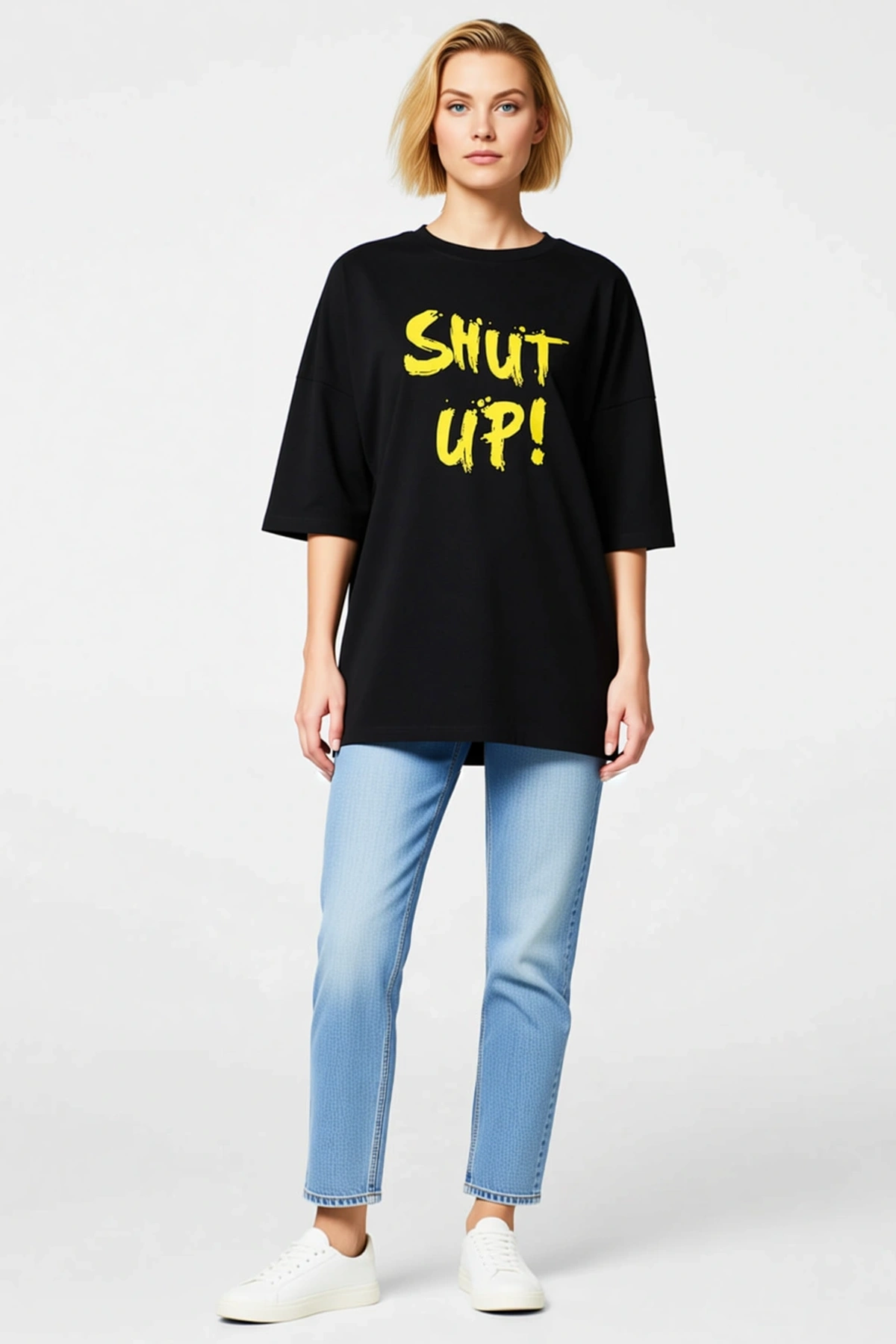 Kadın Oversize Bisiklet Yaka Shut Up Yazı Baskılı Düşük Omuzlu Kısa Kollu Rahat Bol Kesim Tişört