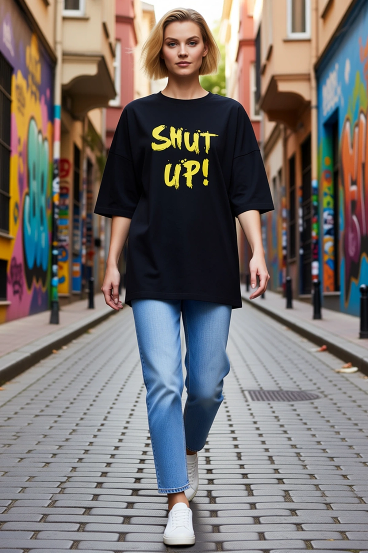 Kadın Oversize Bisiklet Yaka Shut Up Yazı Baskılı Düşük Omuzlu Kısa Kollu Rahat Bol Kesim Tişört