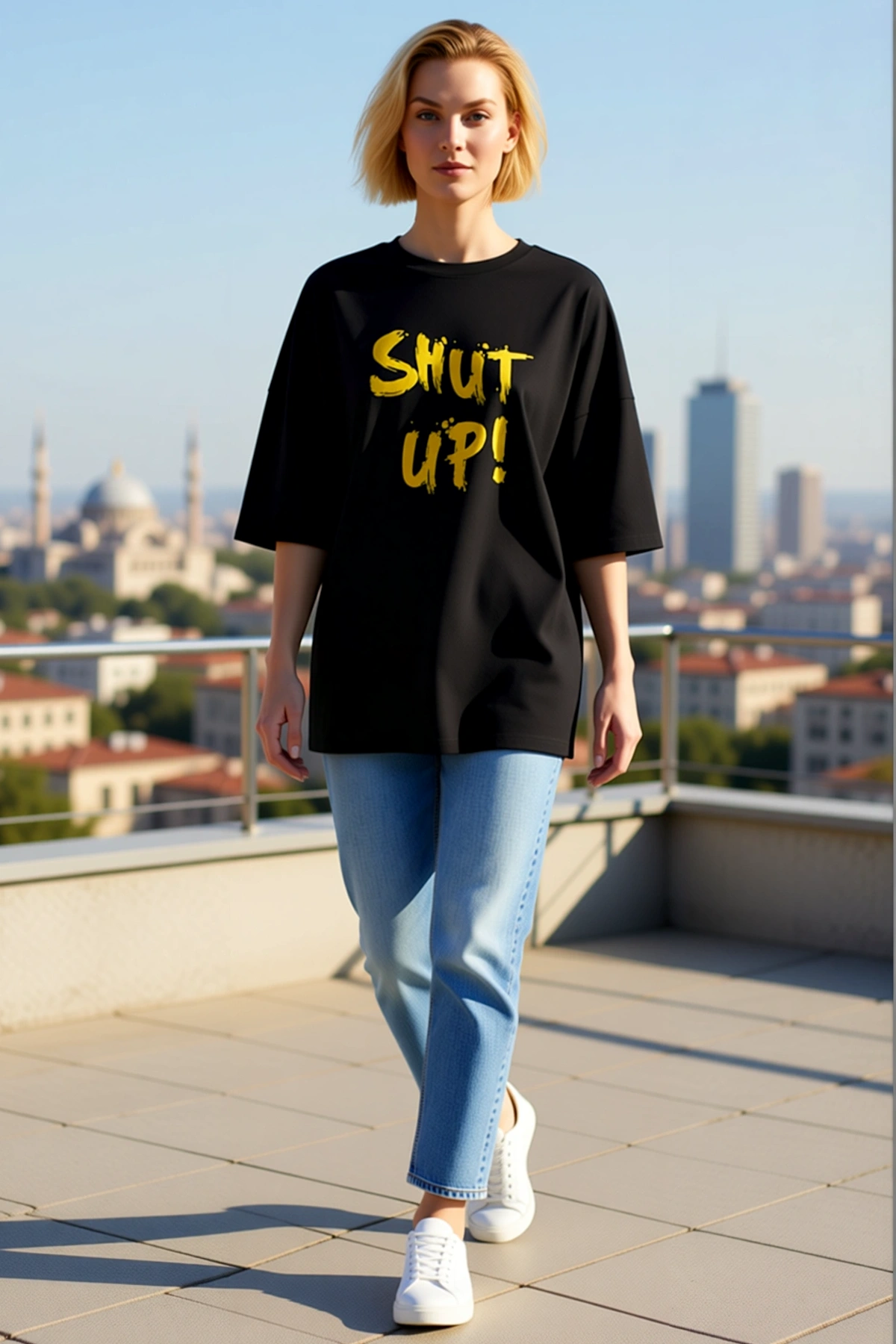 Kadın Oversize Bisiklet Yaka Shut Up Yazı Baskılı Düşük Omuzlu Kısa Kollu Rahat Bol Kesim Tişört