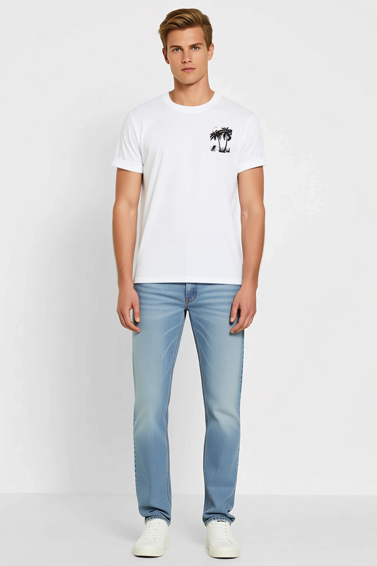 Erkek Bisiklet Yaka Tropik Palmiye Plaj Sahneli Sol Göğüs Baskılı Kısa Kollu Rahat Kesim Tişört