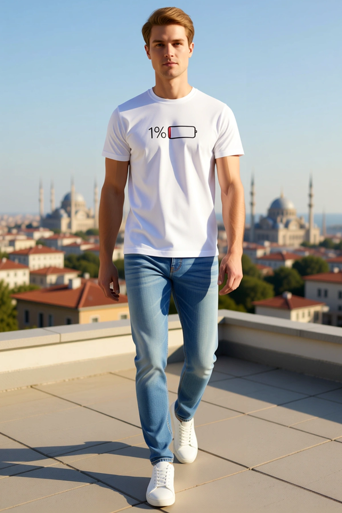 Erkek Modern Pil Şarj Temalı Baskılı Geniş Kesim Bisiklet Yaka Kısa Kol Tişört Yazlık Gündelik Model