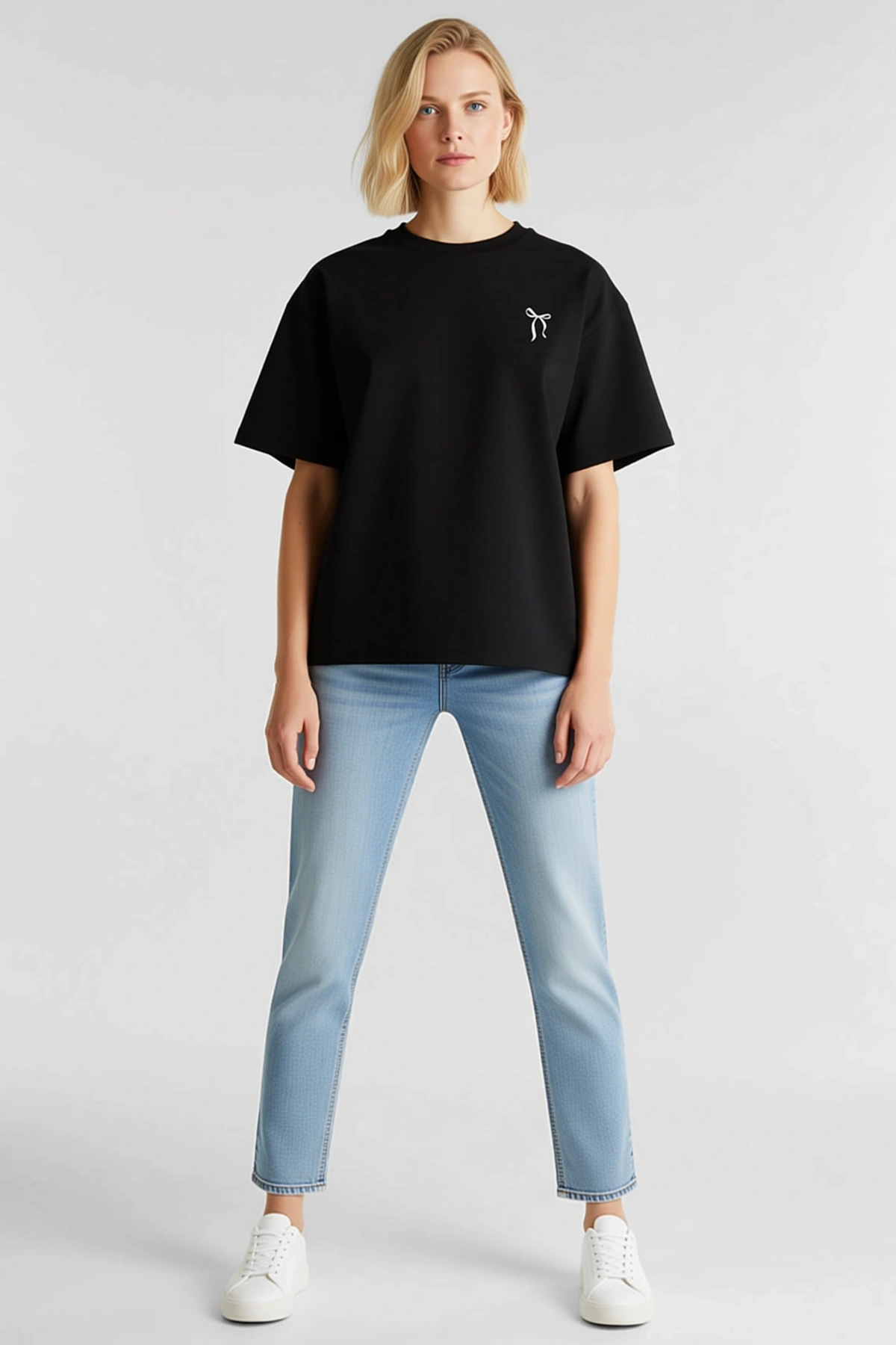 Kadın Fiyonk Baskılı Unisex Düşük Omuzlu Oversize Bisiklet Yaka Kısa Kollu Tişört Günlük Rahat Kalıp