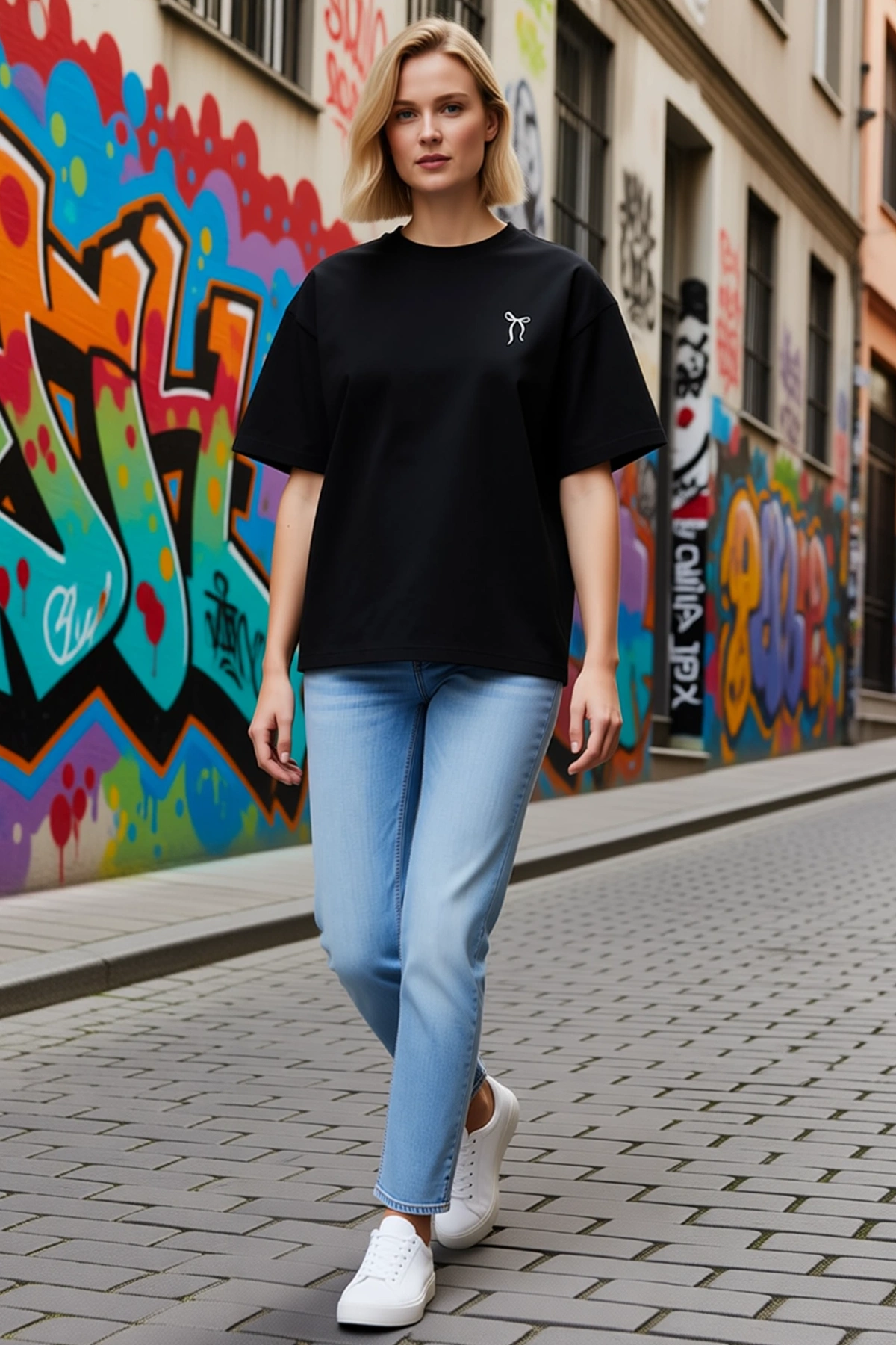 Kadın Fiyonk Baskılı Unisex Düşük Omuzlu Oversize Bisiklet Yaka Kısa Kollu Tişört Günlük Rahat Kalıp
