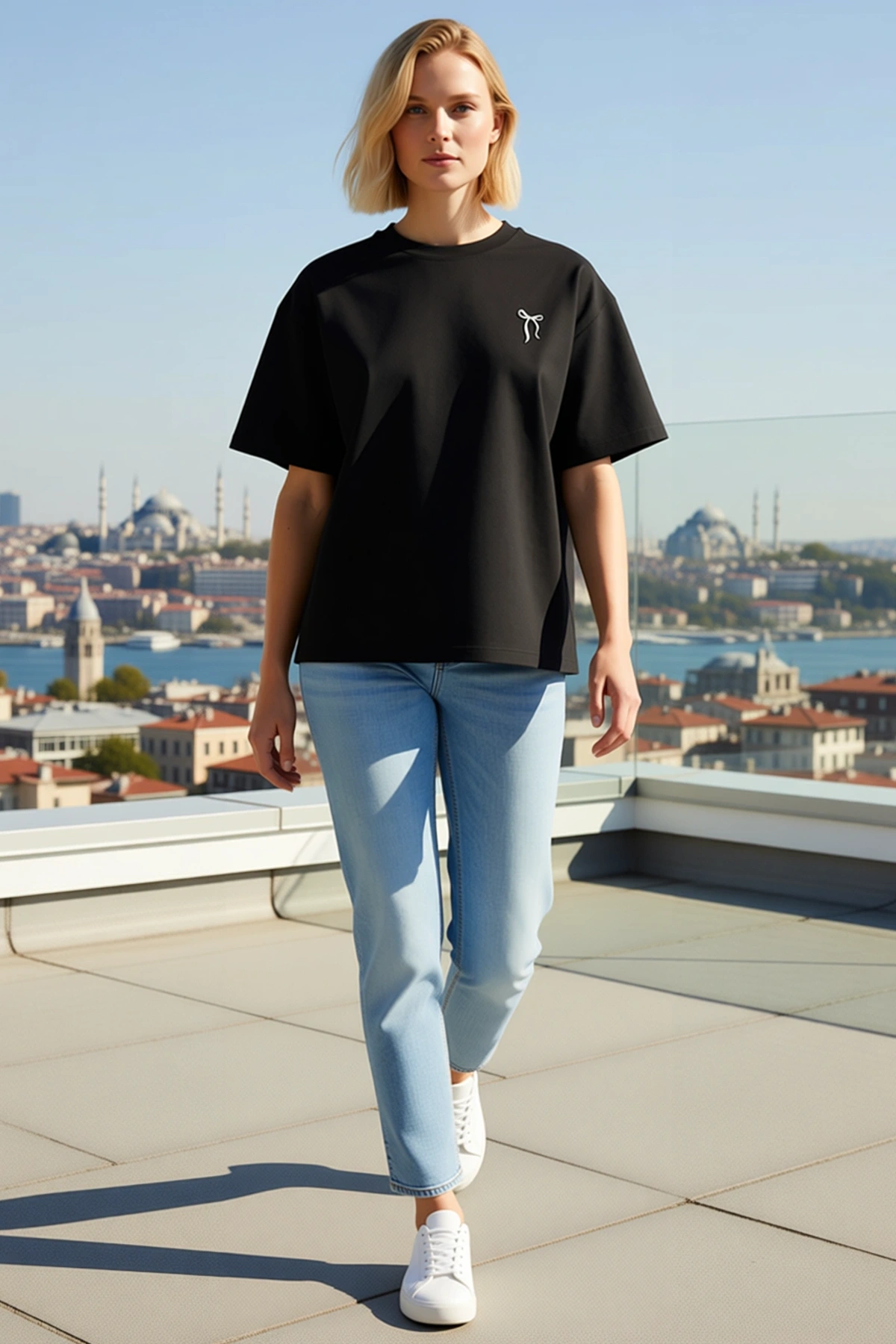 Kadın Fiyonk Baskılı Unisex Düşük Omuzlu Oversize Bisiklet Yaka Kısa Kollu Tişört Günlük Rahat Kalıp