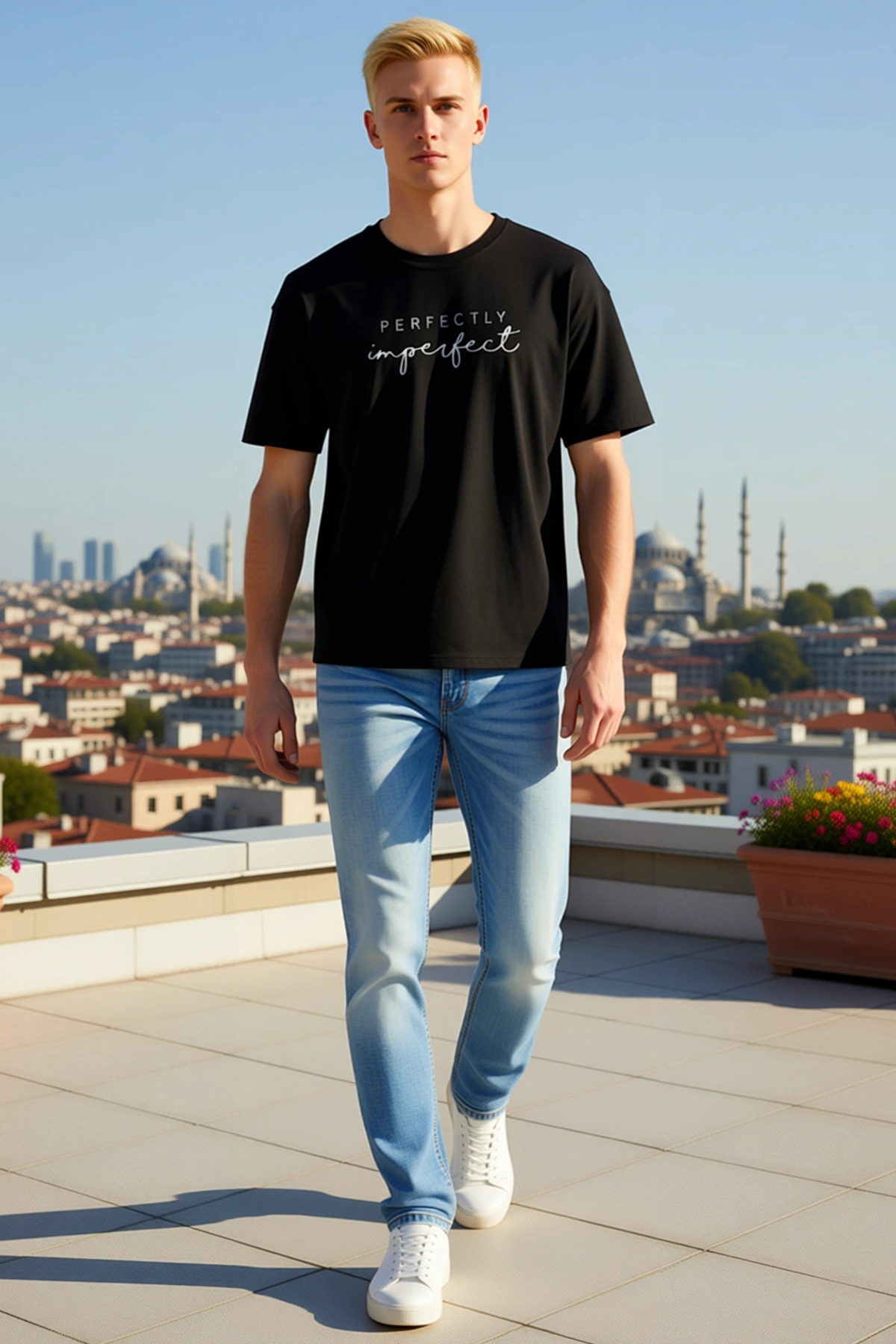 Erkek Perfectly Imperfect Yazı Baskılı Bisiklet Yaka Kısa Kollu Günlük Tişört Modern Konforlu Kalıp