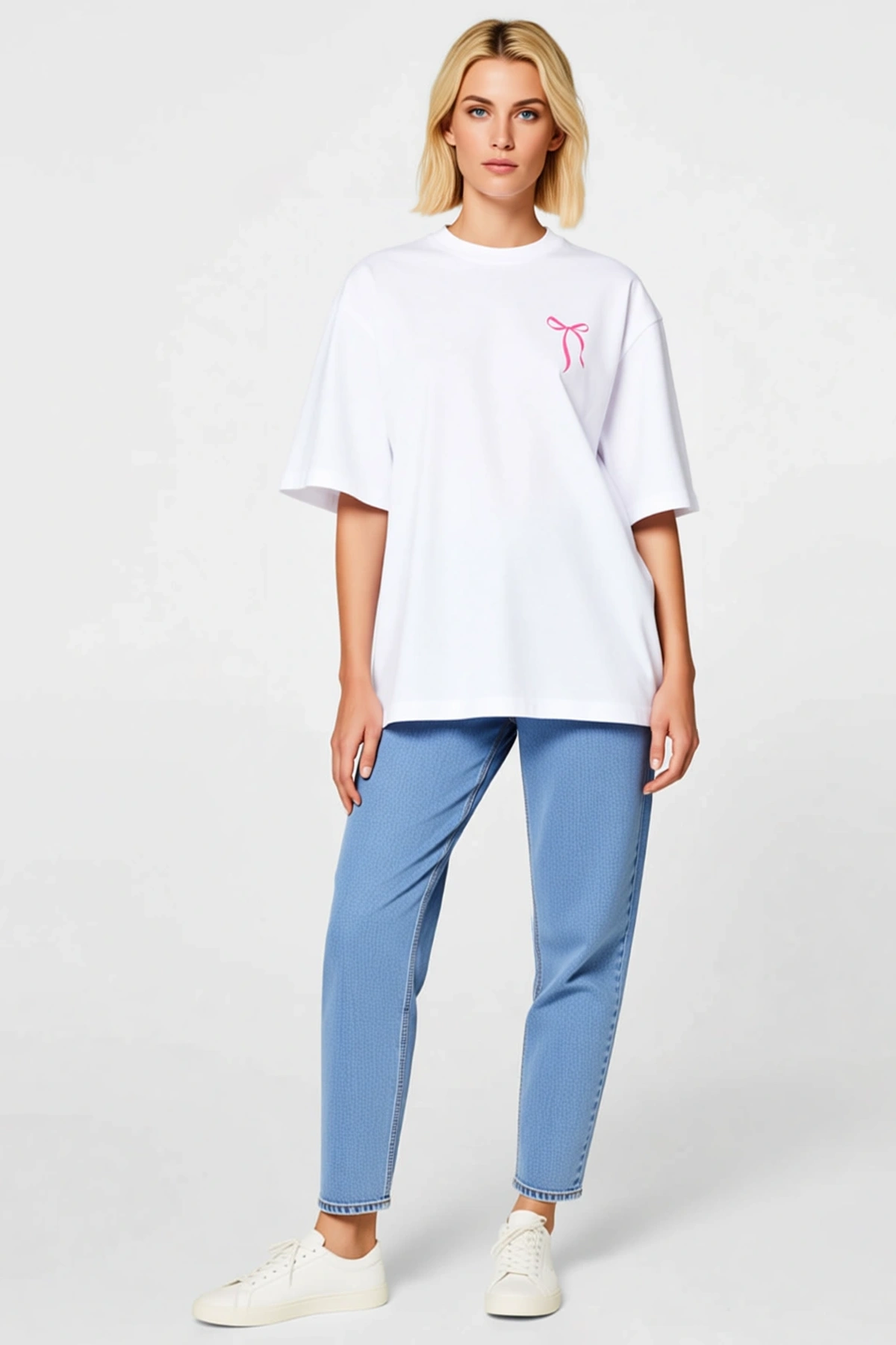 Kadın Fiyonk Baskılı Oversize Bisiklet Yaka Kısa Kollu Düşük Omuzlu Günlük Rahat Kesim Tişört Modeli