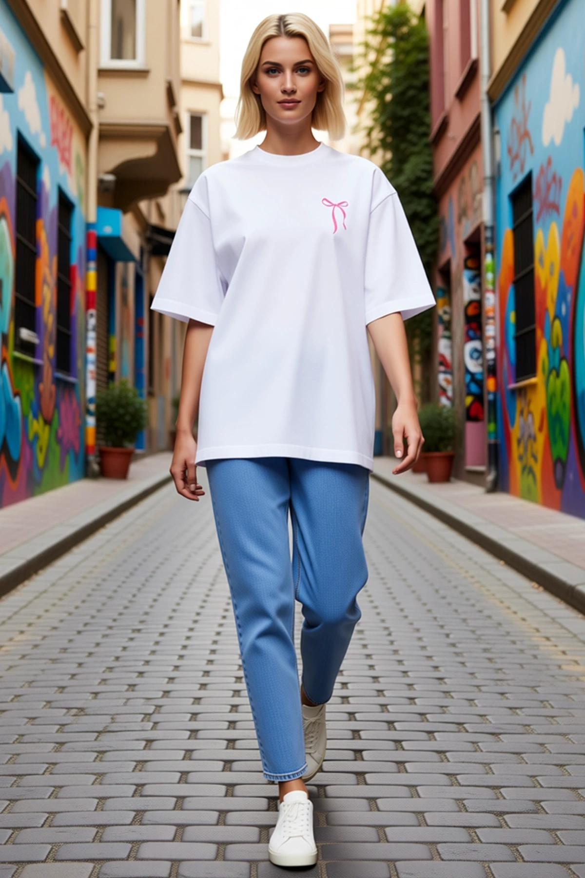 Kadın Fiyonk Baskılı Oversize Bisiklet Yaka Kısa Kollu Düşük Omuzlu Günlük Rahat Kesim Tişört Modeli