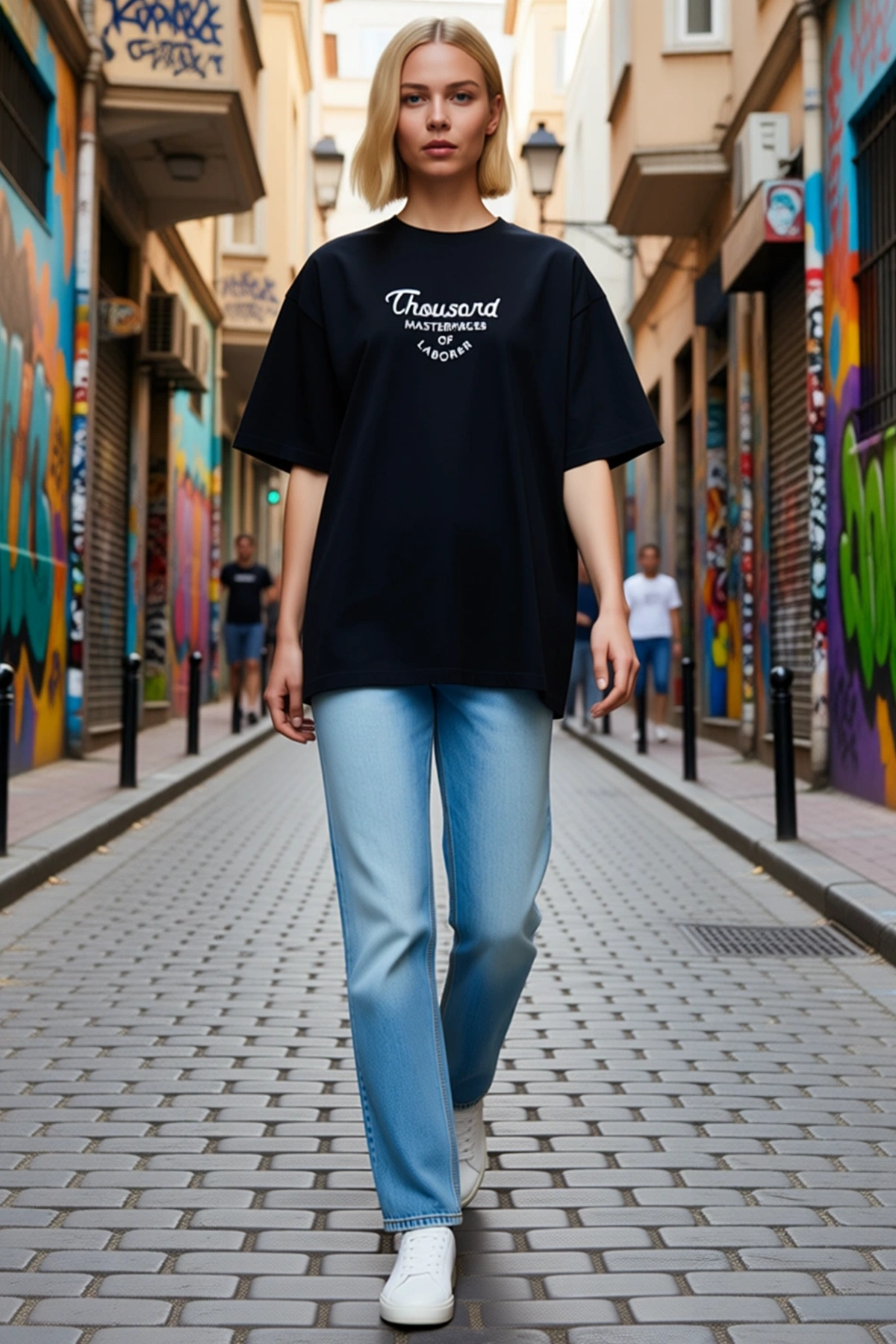 Kadın Önü Yazı Baskılı Oversize Bisiklet Yaka Yarım Kollu Salaş Rahat Kalıp Günlük Tişört Modeli