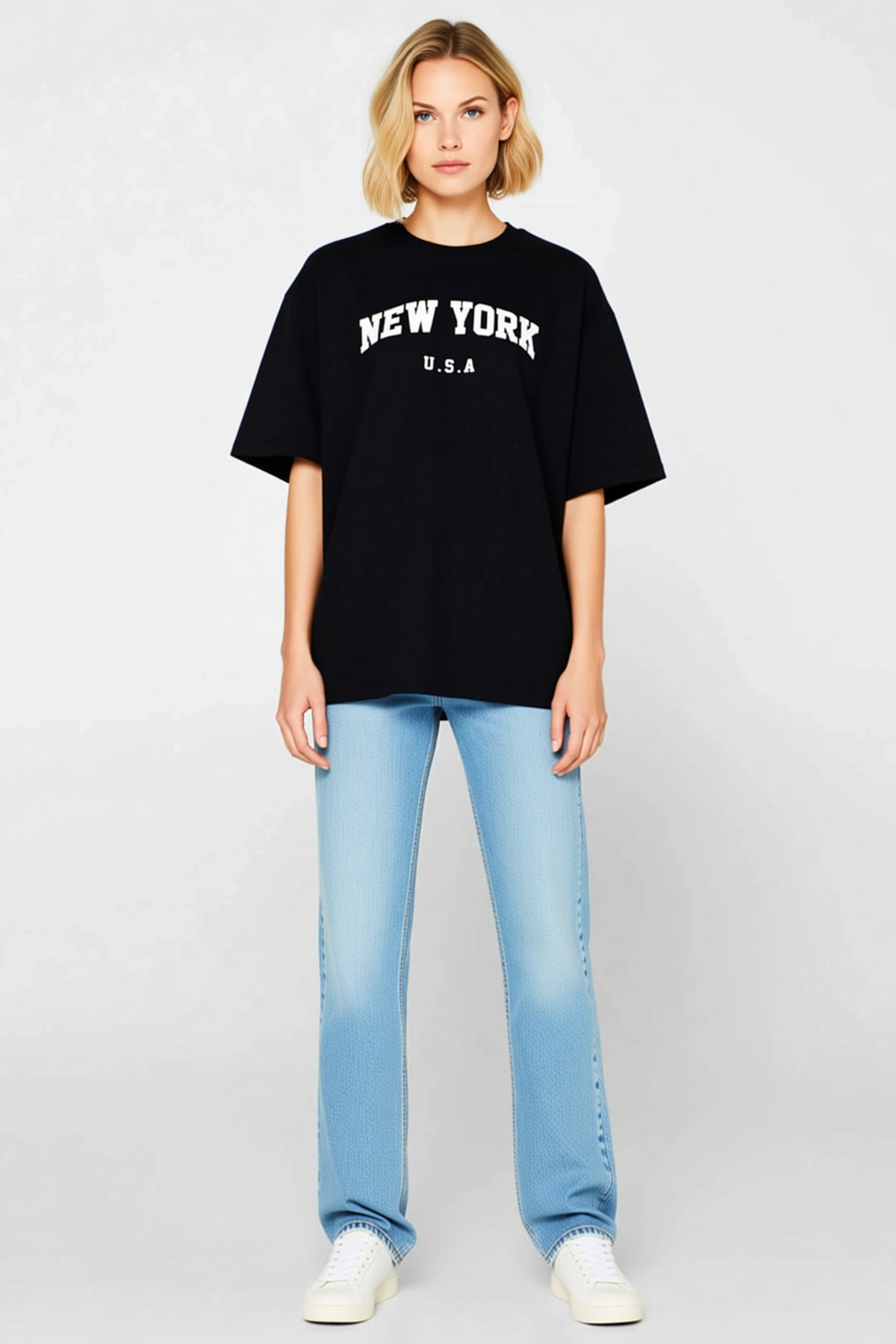 Kadın New York Baskılı Oversize Bisiklet Yaka Yarım Kollu Salaş Kesim Günlük Kullanım Tişört Modeli