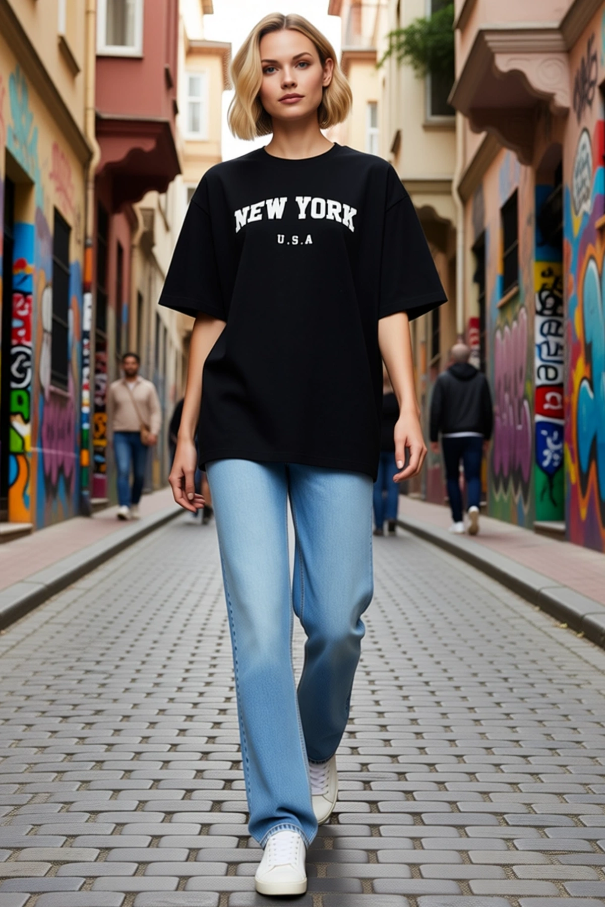 Kadın New York Baskılı Oversize Bisiklet Yaka Yarım Kollu Salaş Kesim Günlük Kullanım Tişört Modeli