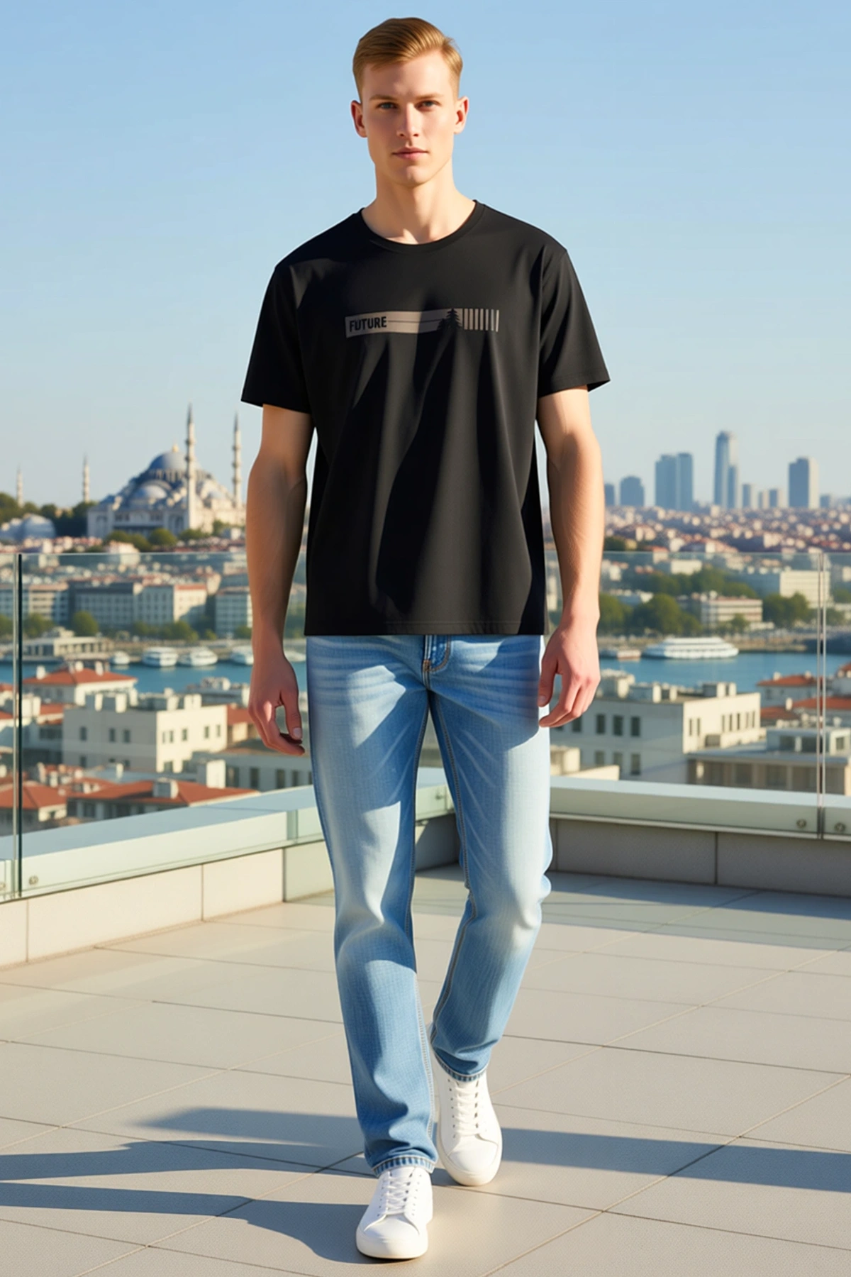 Erkek Future Yazılı Çizgili Çam Ağacı Baskılı Bisiklet Yaka Kısa Kollu Günlük Rahat Kalıp Tişört