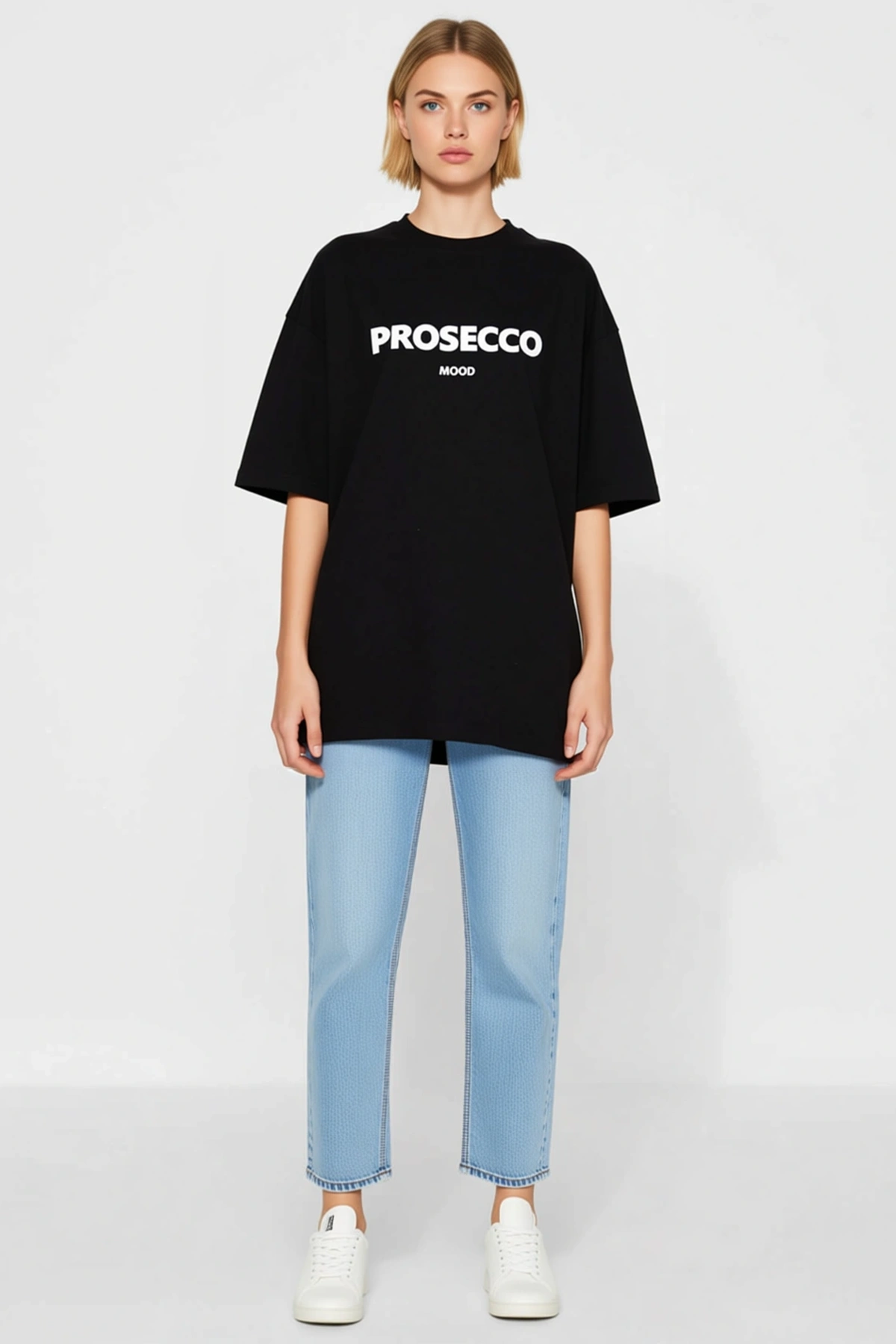 Kadın Prosecco Mood Yazılı Baskılı Oversize Bisiklet Yaka Yarım Kollu Düşük Omuz Rahat Tişört Modeli
