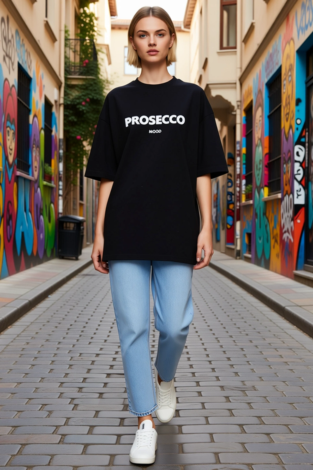 Kadın Prosecco Mood Yazılı Baskılı Oversize Bisiklet Yaka Yarım Kollu Düşük Omuz Rahat Tişört Modeli