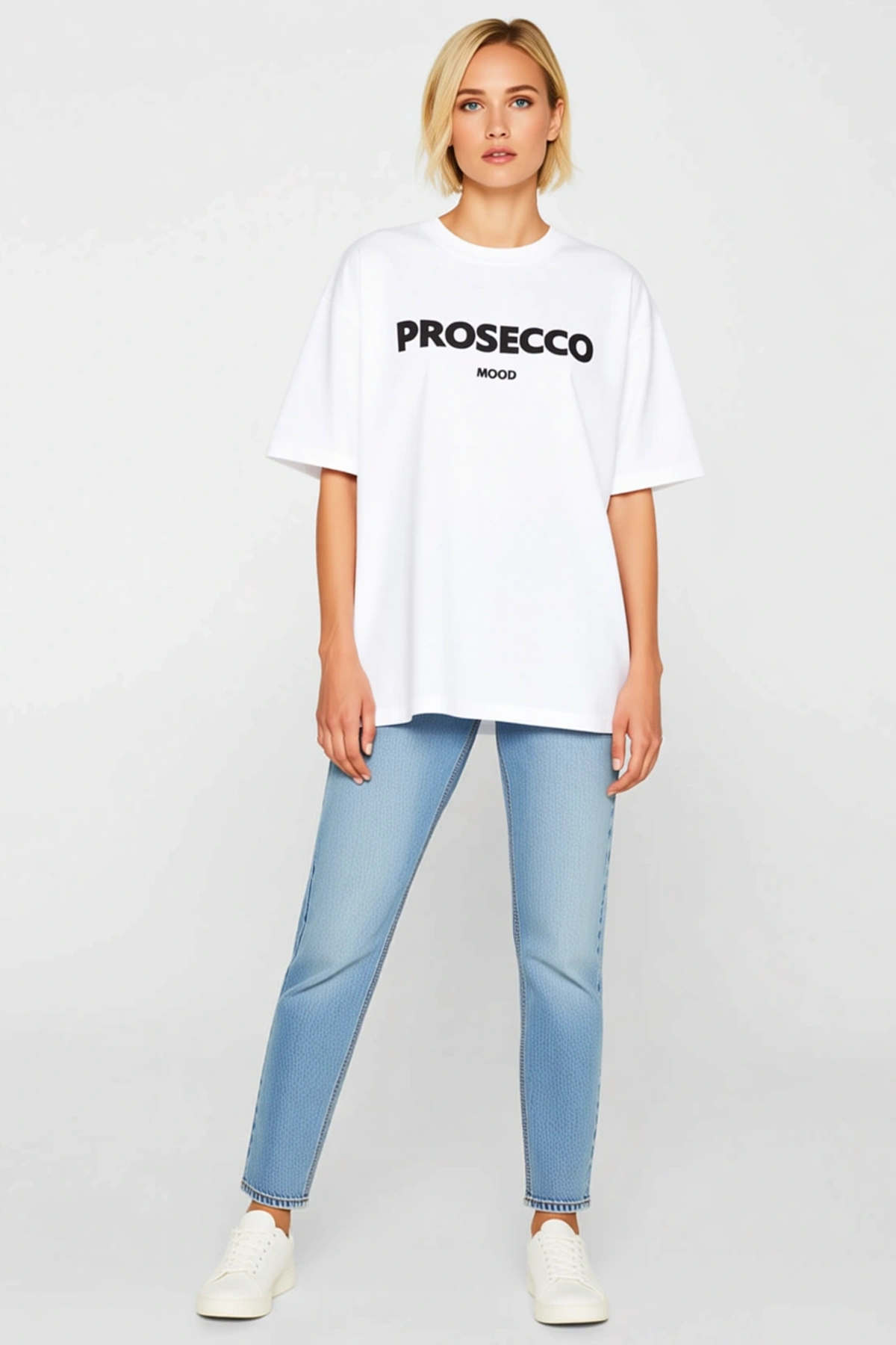 Kadın Prosecco Mood Yazı Baskılı Oversize Bisiklet Yaka Kısa Kollu Günlük Kullanım Rahat Tişört
