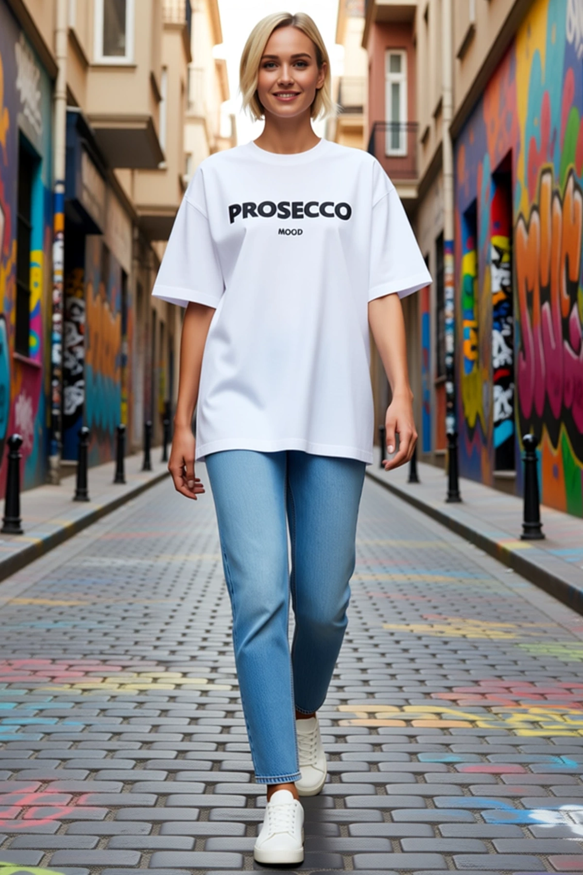 Kadın Prosecco Mood Yazı Baskılı Oversize Bisiklet Yaka Kısa Kollu Günlük Kullanım Rahat Tişört
