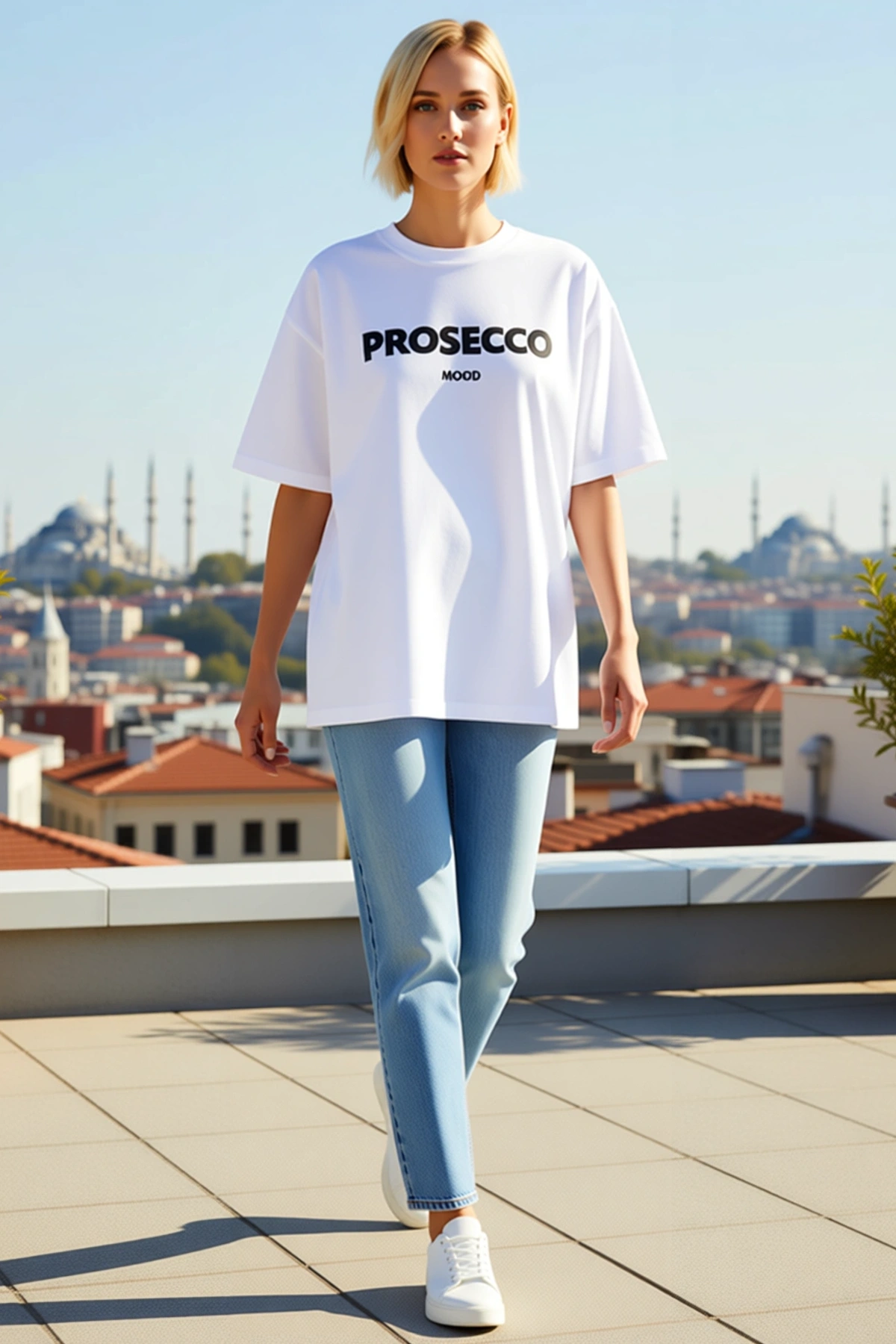 Kadın Prosecco Mood Yazı Baskılı Oversize Bisiklet Yaka Kısa Kollu Günlük Kullanım Rahat Tişört