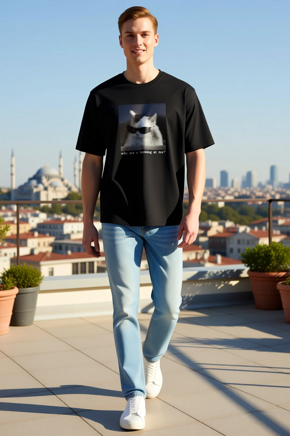 Erkek Oversize Bisiklet Yaka Kısa Kollu Güneş Gözlüklü Kedi Baskılı Günlük Rahat Kesim Modern Tişört
