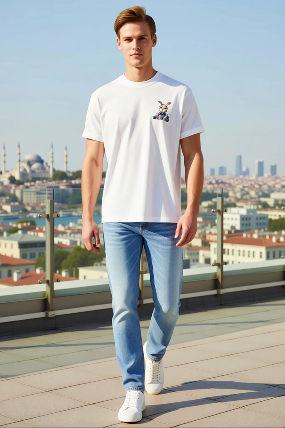 Erkek Oversize Bisiklet Yaka Düşük Omuzlu Arkası Baskılı Gözlüklü Tavşan Desenli Kısa Kollu Tişört