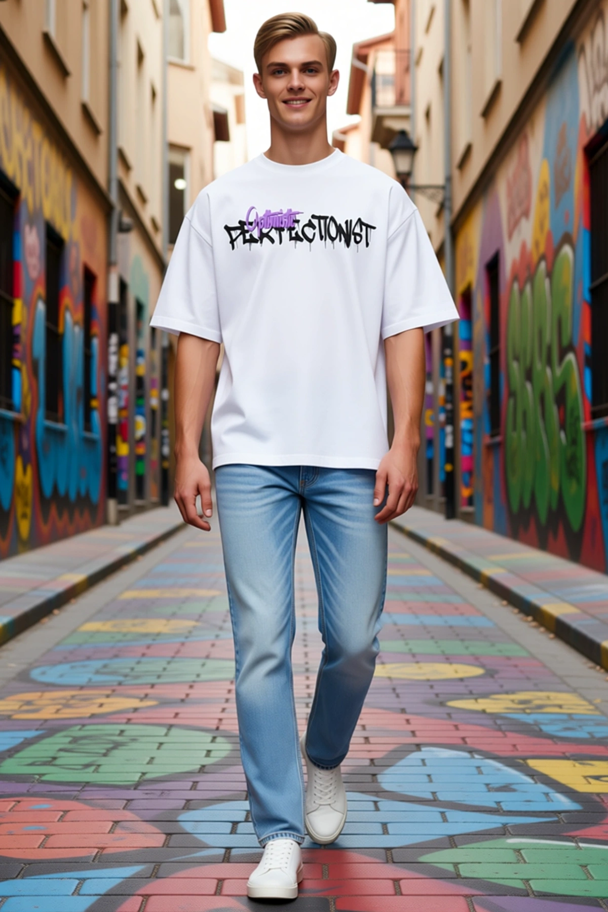 Erkek Oversize Bisiklet Yaka Geniş Kollu Sırt Baskılı Graffiti Ayıcık Desenli Rahat Kesim Tişört