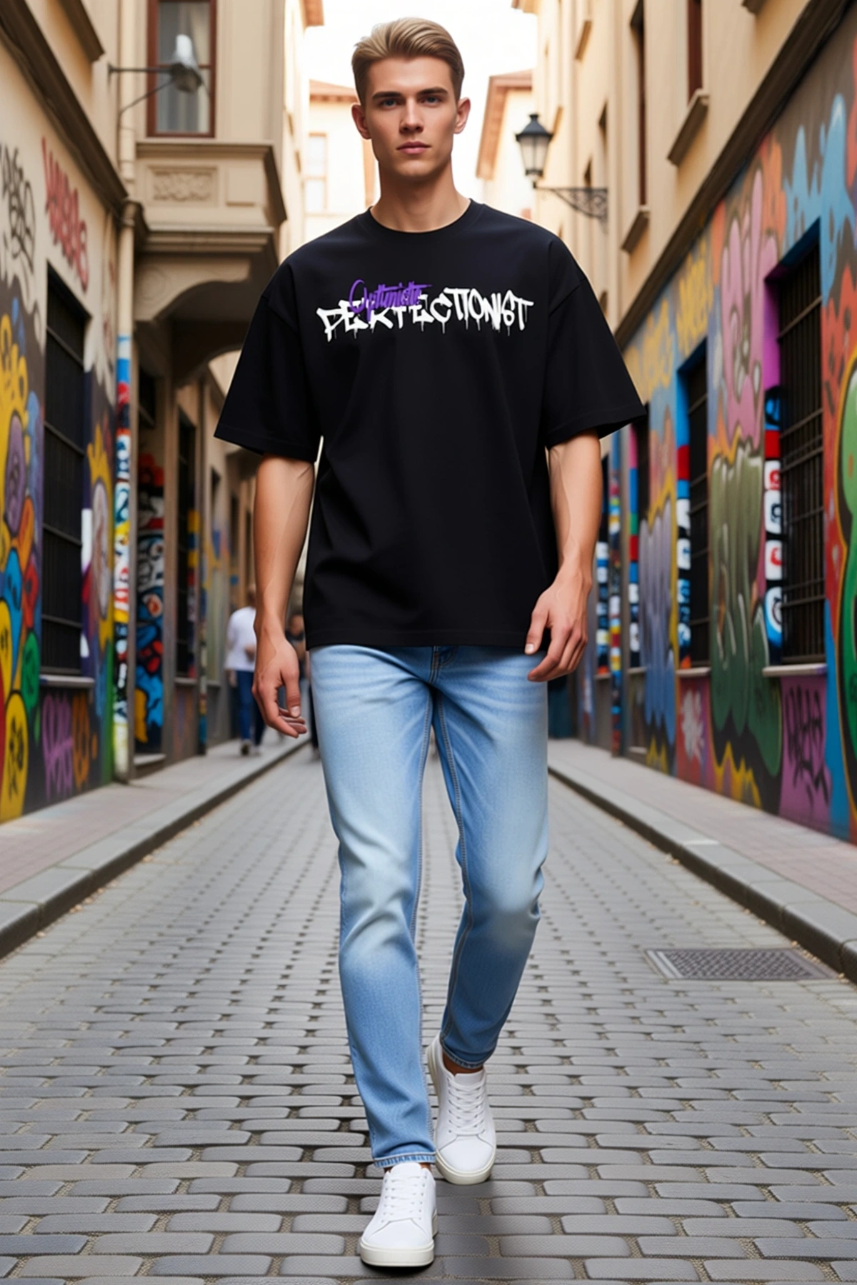 Erkek Oversize Bisiklet Yaka Geniş Kollu Sırt Baskılı Graffiti Ayı Figürlü Günlük Rahat Kesim Tişört